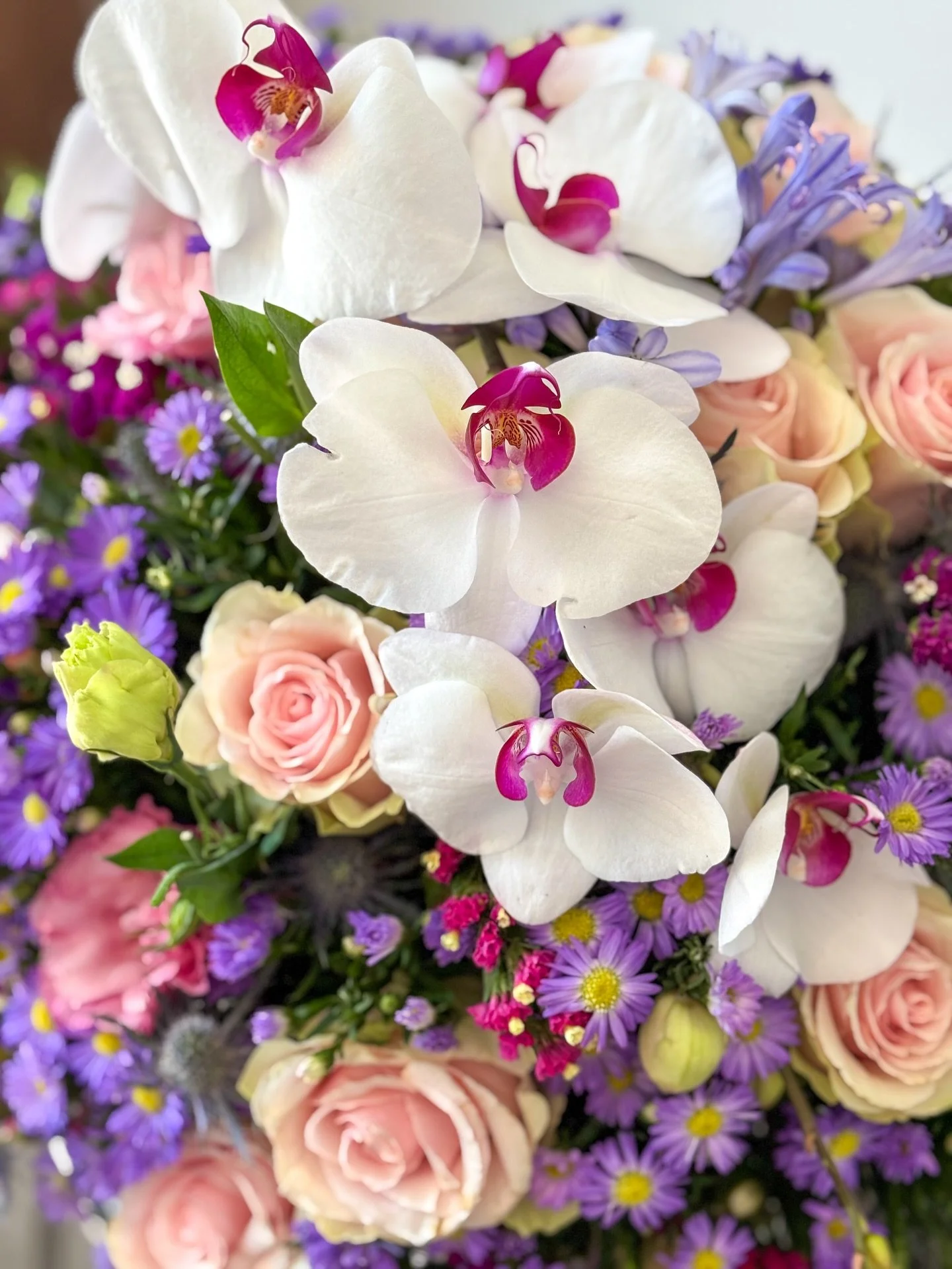 Bloom with intention.
Cada flor en esta composici&oacute;n habla de cuidado, de belleza consciente y de detalles que elevan el d&iacute;a.

Orqu&iacute;deas, rosas y acentos en p&uacute;rpura: un arreglo pensado para celebrar los momentos que merecen