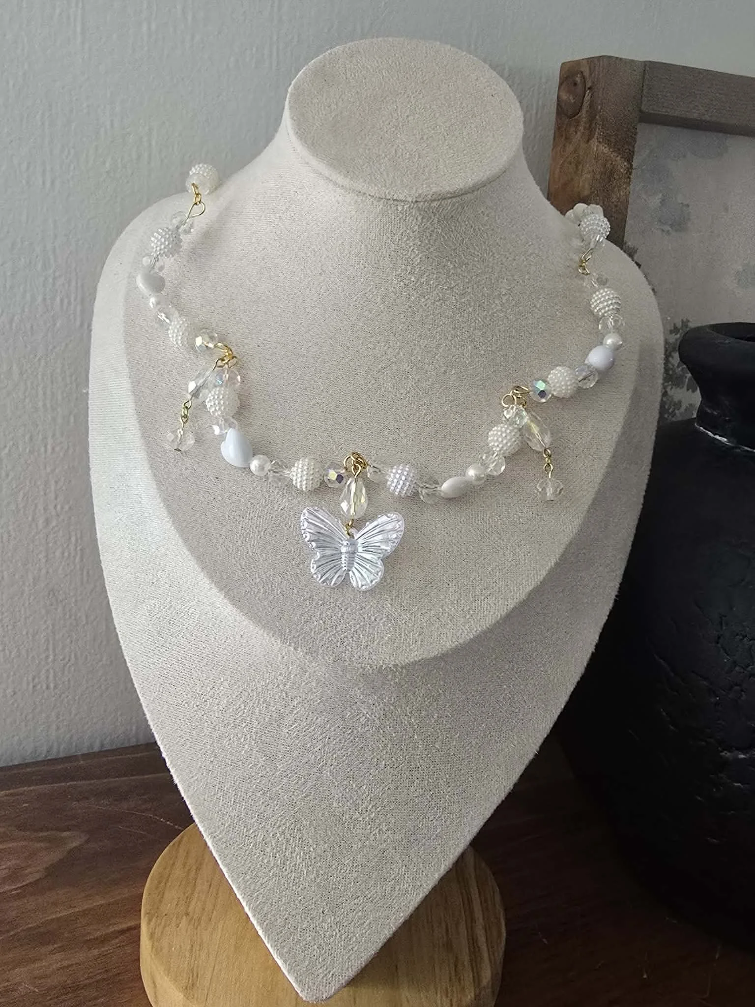 Handmade White Pearl Butterfly Necklace, Crystal Choker, Fairycore
