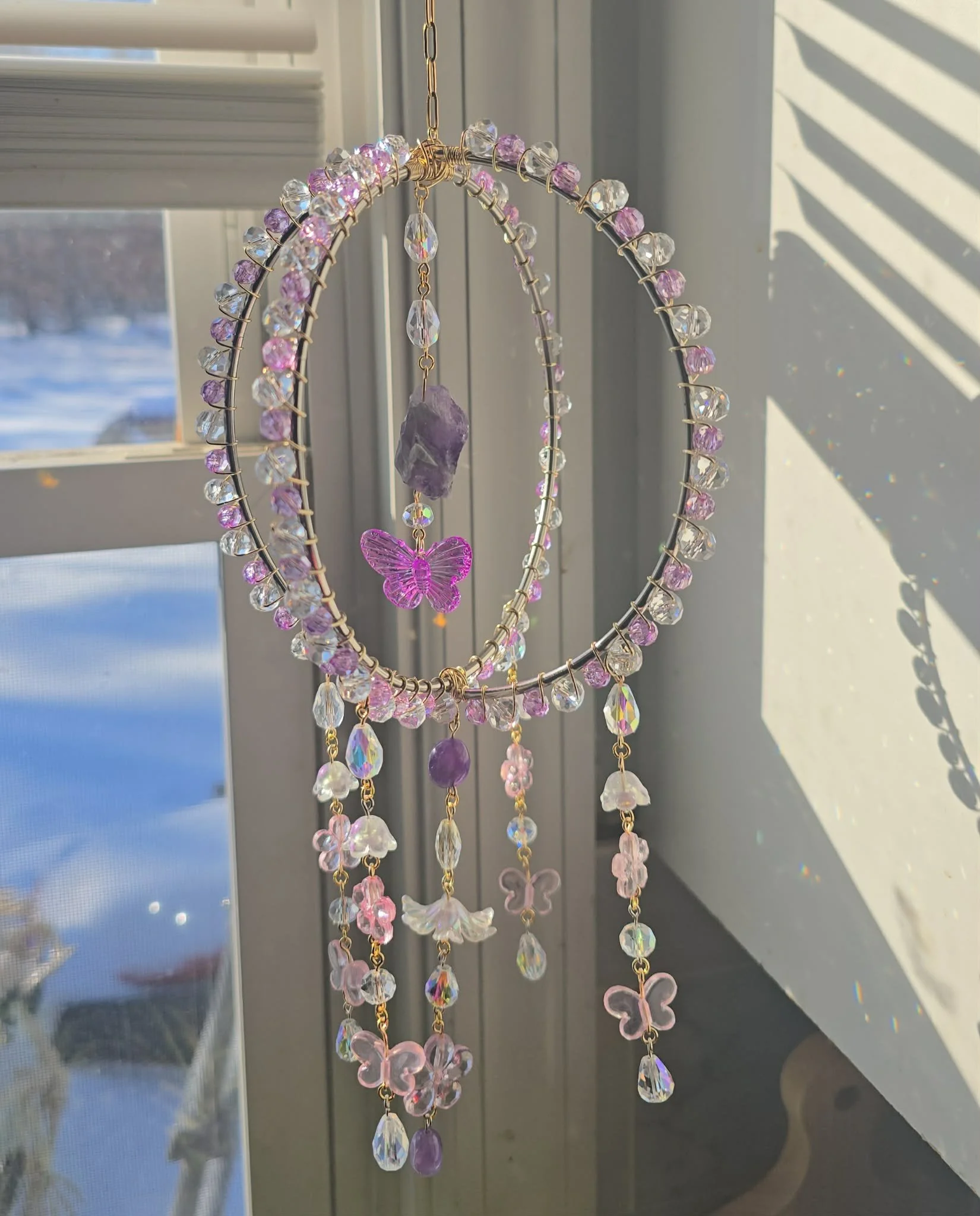 Butterfly Crystal Sun Catcher with Amethyst | Fairy Window Hanging | Pastel Beaded Suncatcher | Handmade Boho Light Catcher