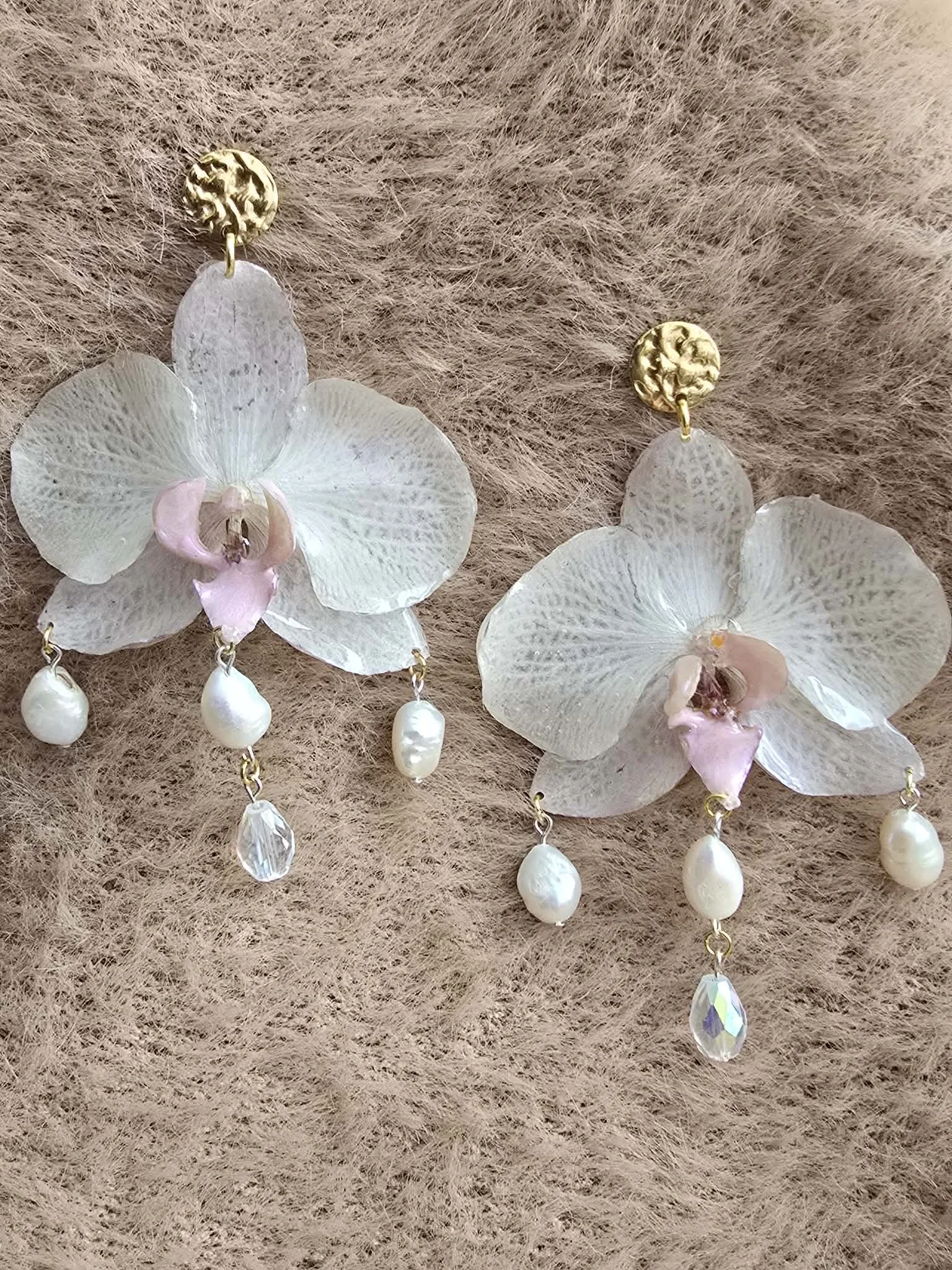 real Orchid Pearl Drop Earrings, Handmade Floral Statement Earrings.
