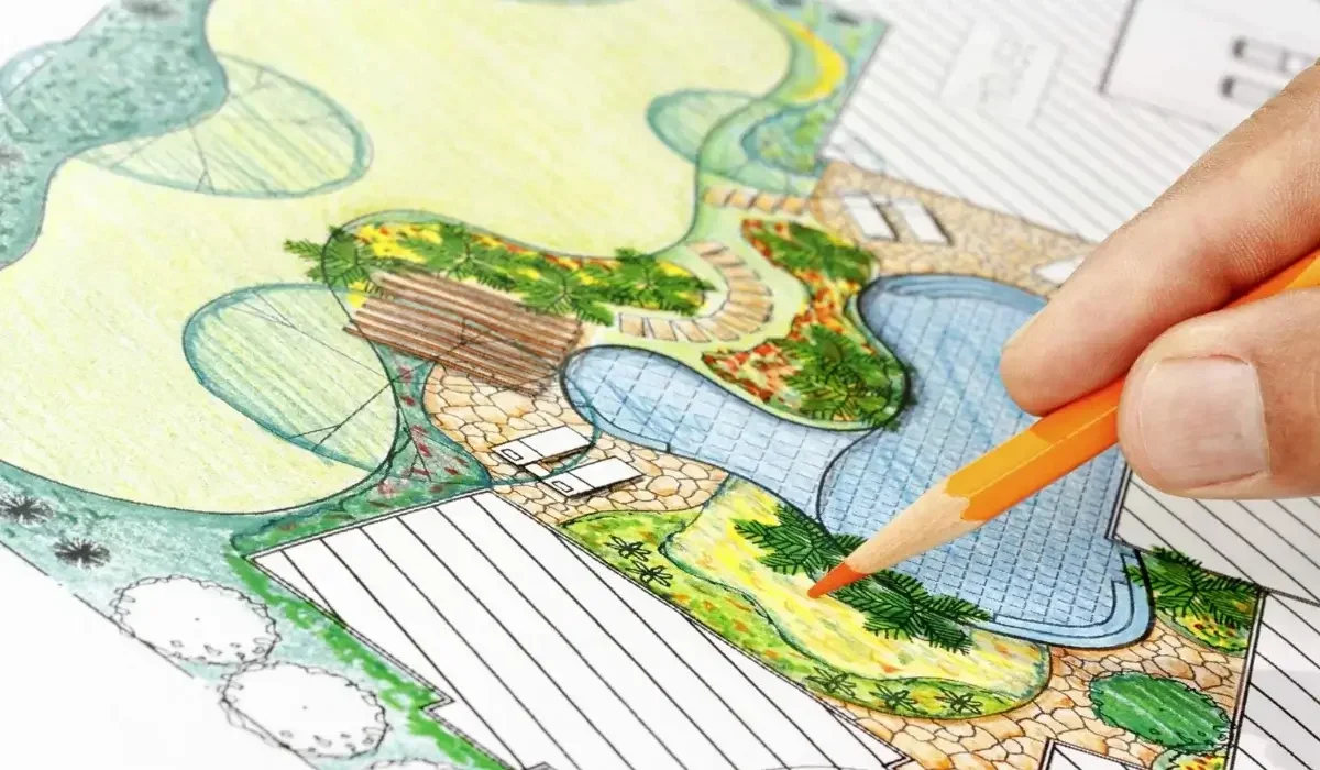 Hand-rendered Naperville landscape design plan showing patios, walkways, and plantings mapped to the site’s soil and grade.