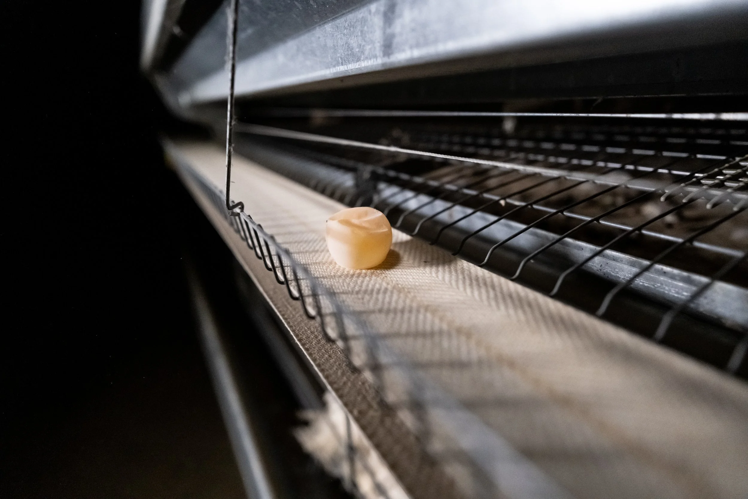 A piece of cheese inside a toaster oven on a wire rack.