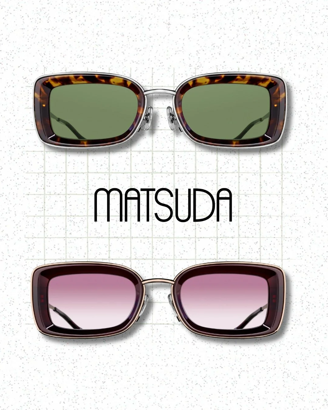 A bold rectangular lens shape and bright colored Japanese Acetate make the M3124 a modern sunglass with a unique Matsuda twist: a TV-cut acetate insert and filigree adorned titanium temples.

&bull; Hand Polished Japanese Acetate
&bull; Hand Applied 