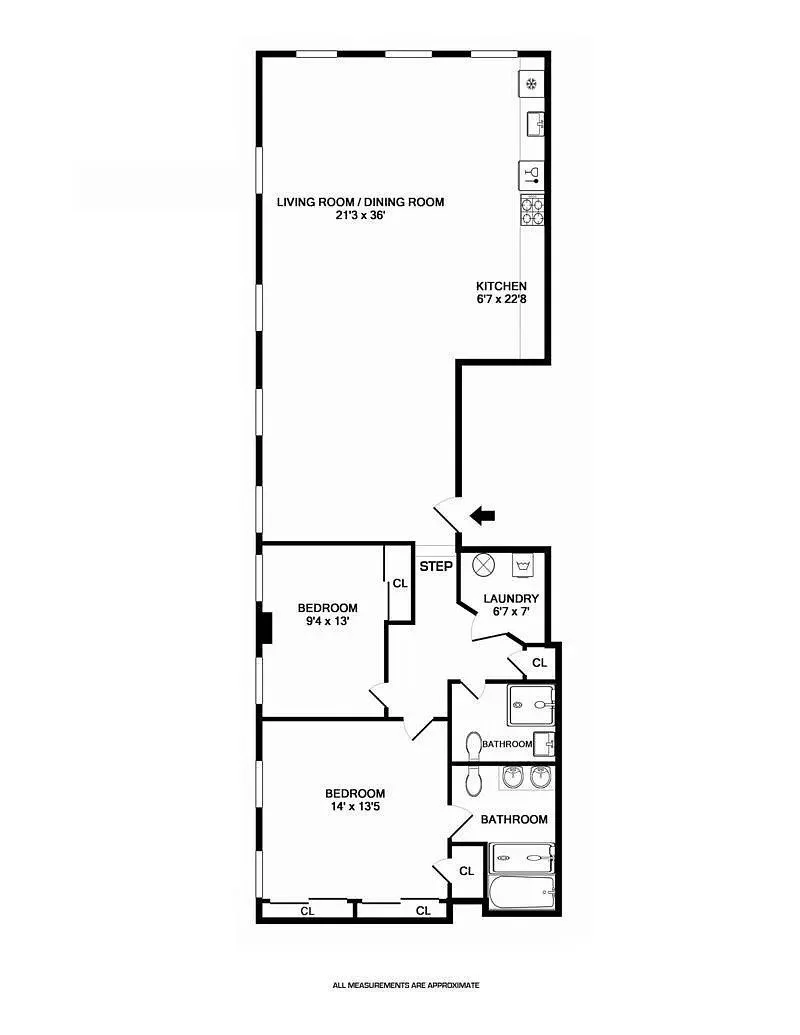 Floor plan of a residential unit showing a living/dining room, kitchen, two bedrooms, two bathrooms, laundry room, closets, and a step entry.