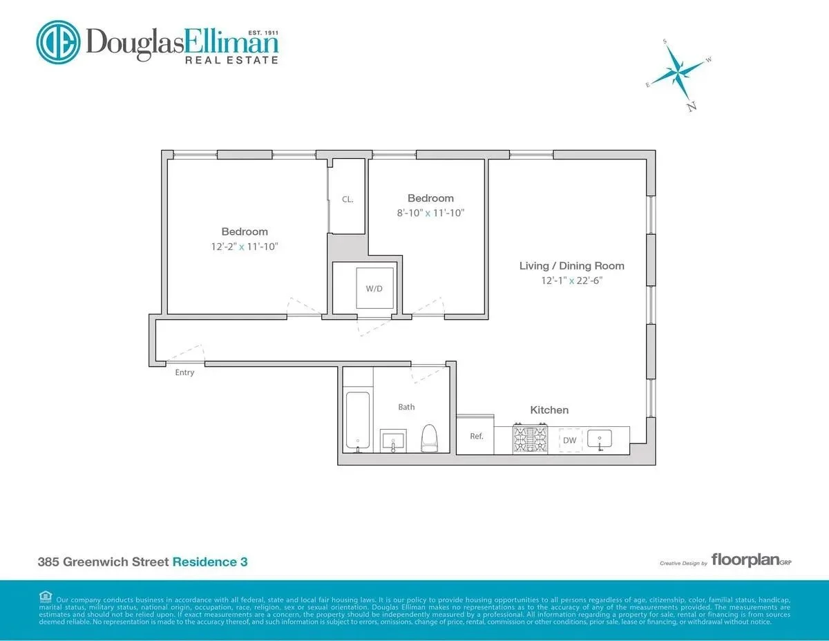 Floor plan of a residence at 385 Greenwich Street, featuring two bedrooms, a living/dining room, kitchen, bathroom, and laundry area.