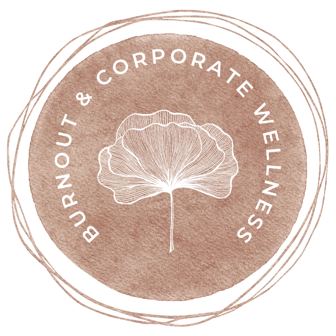 Naturopath Nicole Wrightson from Natured Wellness Logo with a ginkgo leaf in the center and the text "Bournout & Corporate Wellness" in a circle around it, set against a beige watercolor background with a circular sketchy border.