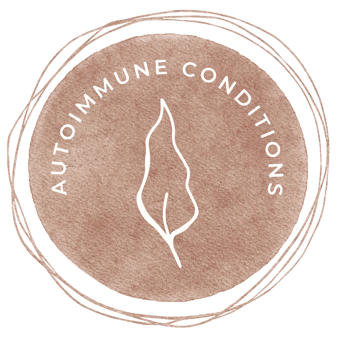 Naturopath Nicole Wrightson from Natured Wellness Logo with a circular pink and brown watercolor background featuring a white line drawing of a leaf in the center and the text "AutoiMMUNE CONDITIONS" curved around the top.
