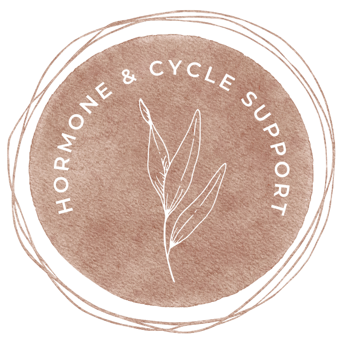 Naturopath Nicole Wrightson from Natured Wellness A circular logo with a brown watercolor background, featuring a white line drawing of three leaves in the center. The words "HORMONE & CYCLE SUPPORT" are written around the upper edge of the circle.