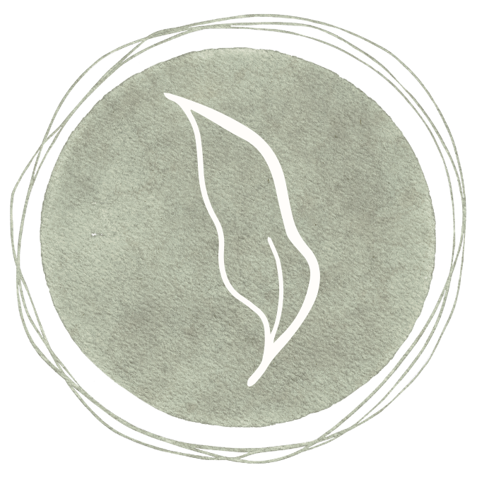 Line drawing of a branch with leaves and hanging flowers or seed pods.