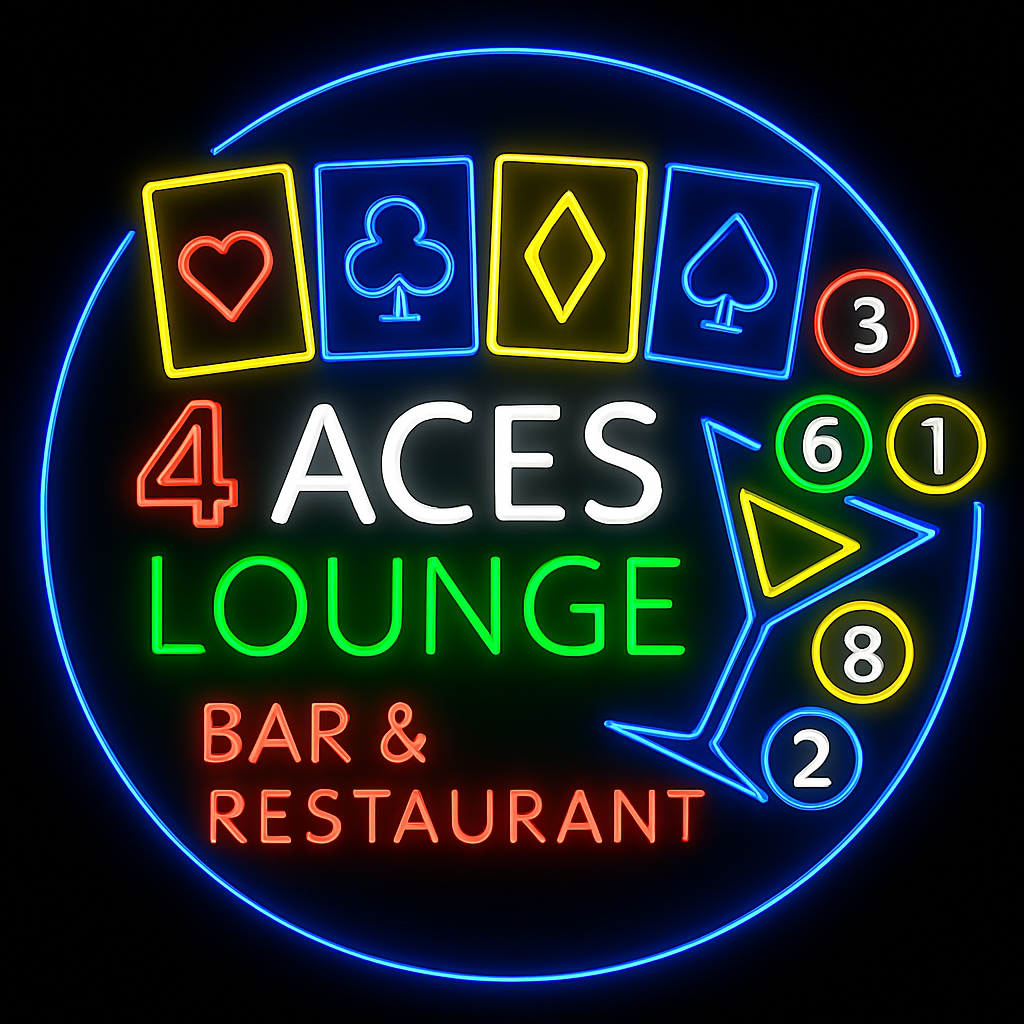 Neon sign for 'ACEs Lounge Bar & Restaurant' with playing cards, billiard balls, and a martini glass.