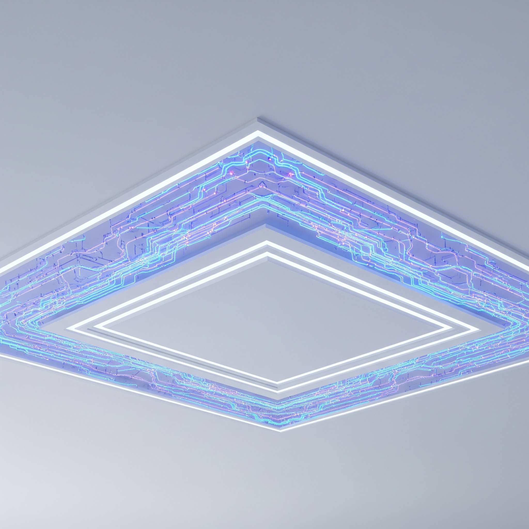 A modern ceiling light fixture with a square shape, featuring white LED lighting and an inner section illuminated with purple and blue neon-like lines and circuitry patterns.