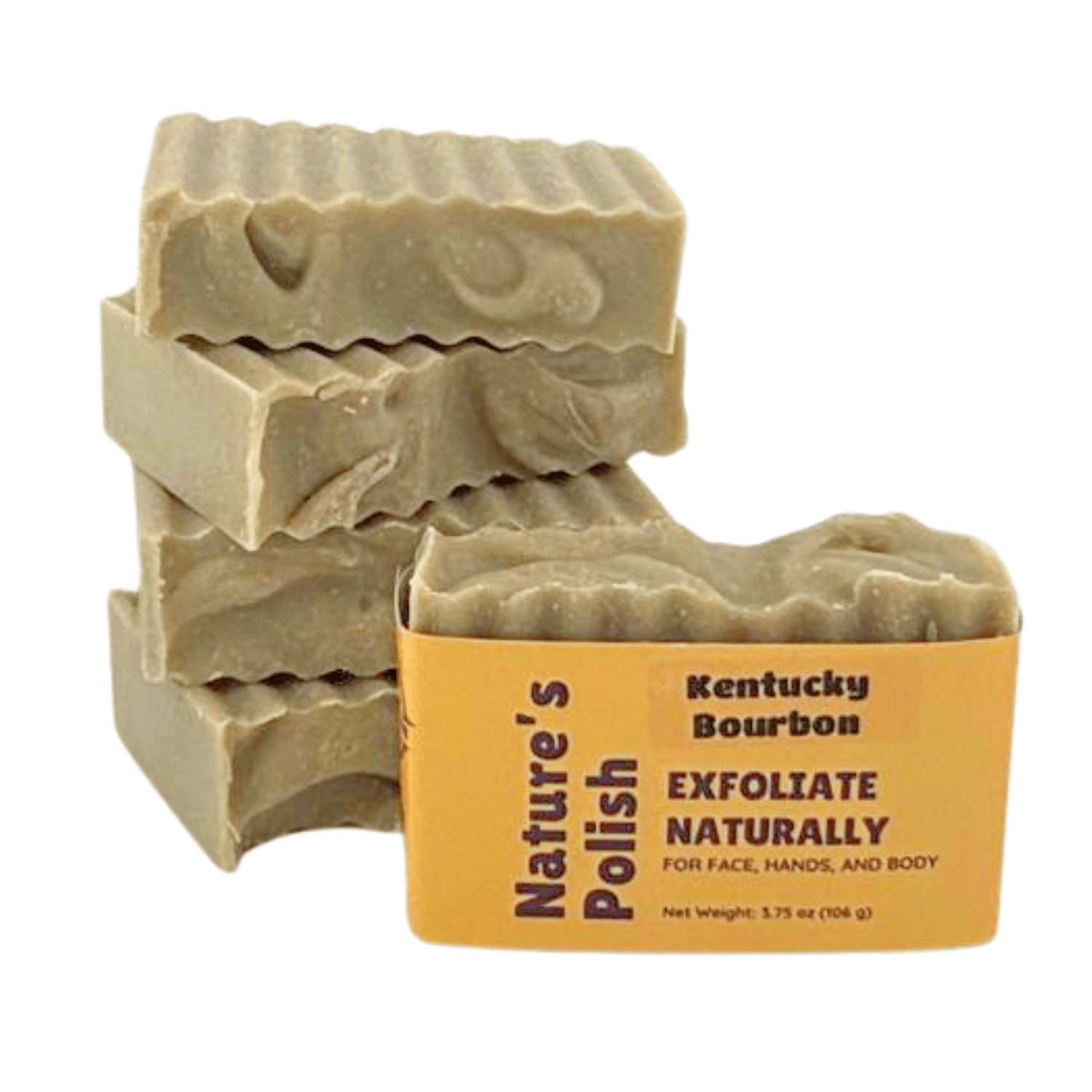 Stack of Kentucky Bourbon Nature's Polish exfoliating soap bars showing handmade layers and warm natural soap color.