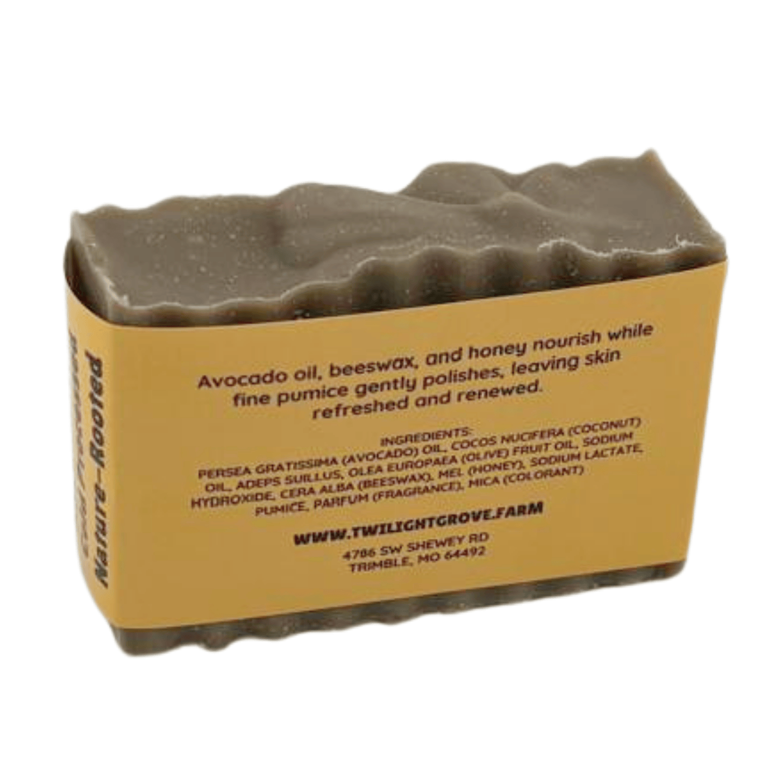 Back of Nature's Polish Bergamot Black Tea Soap showing Twilight Grove label with product ingredients.