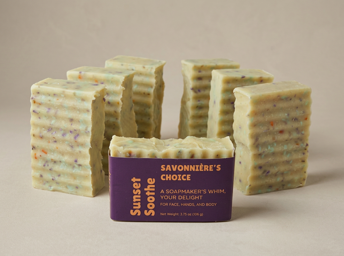 Speckled Sunset Soothe Eco-Bars arranged behind a purple and orange label
