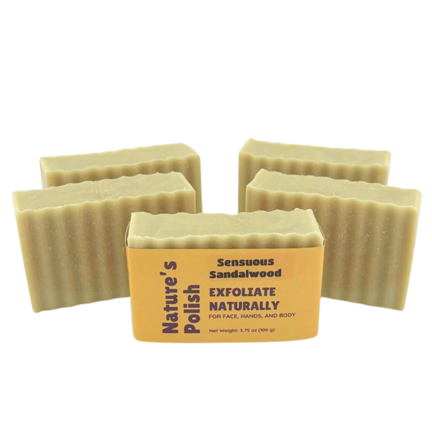 Multiple Sensuous Sandalwood Nature's Polish handmade soap bars displayed together highlighting ridged sides and natural soap texture.