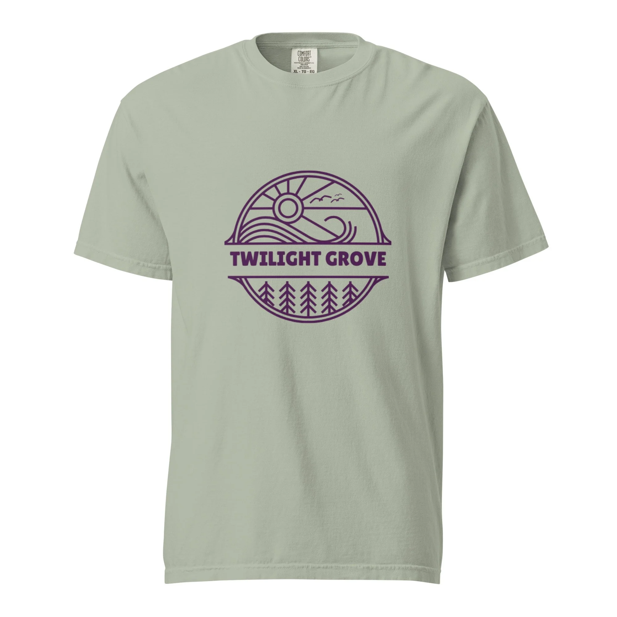 Twilight Grove Everyday Tee in sage green showing front logo design