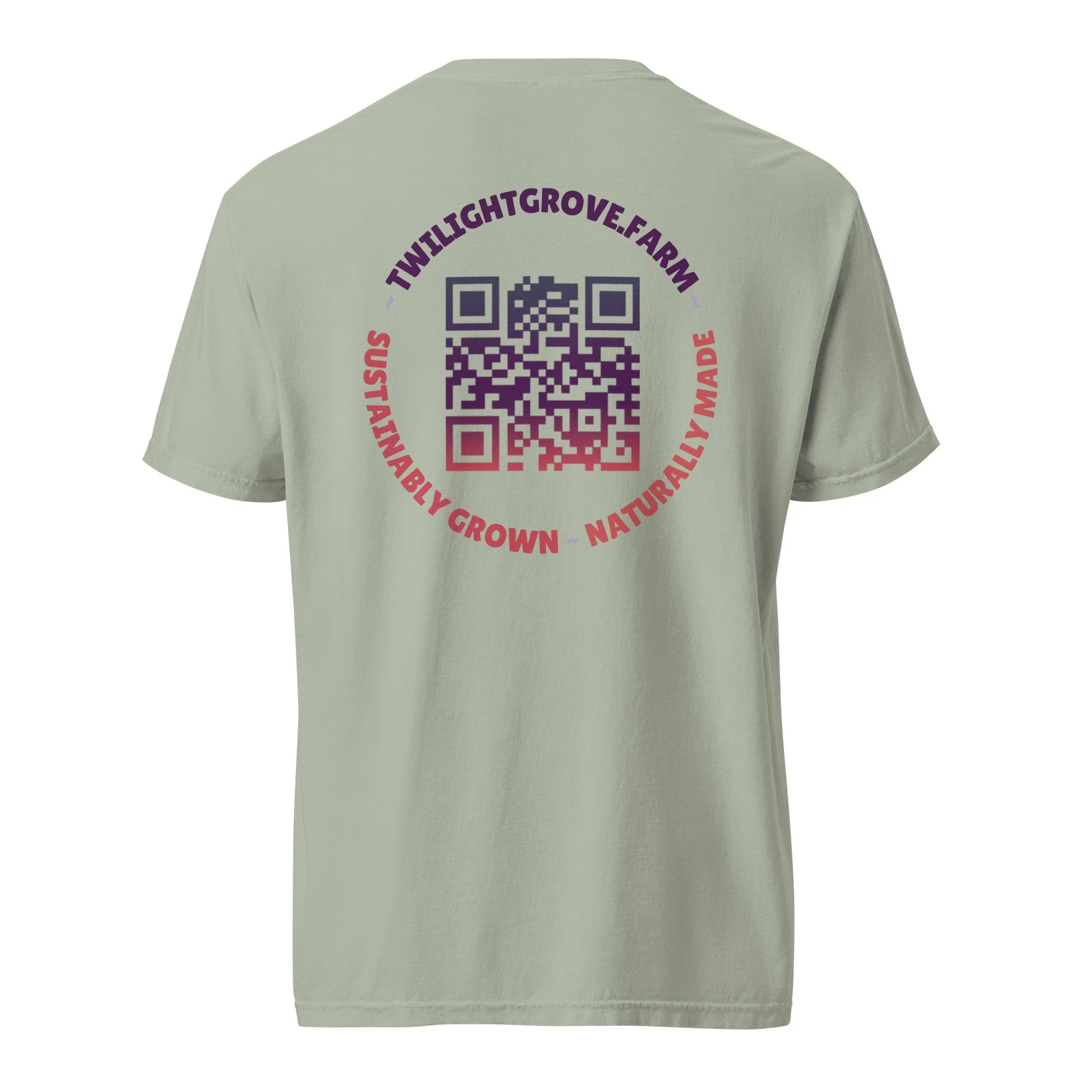 Twilight Grove Everyday Tee in sage green showing back QR code design