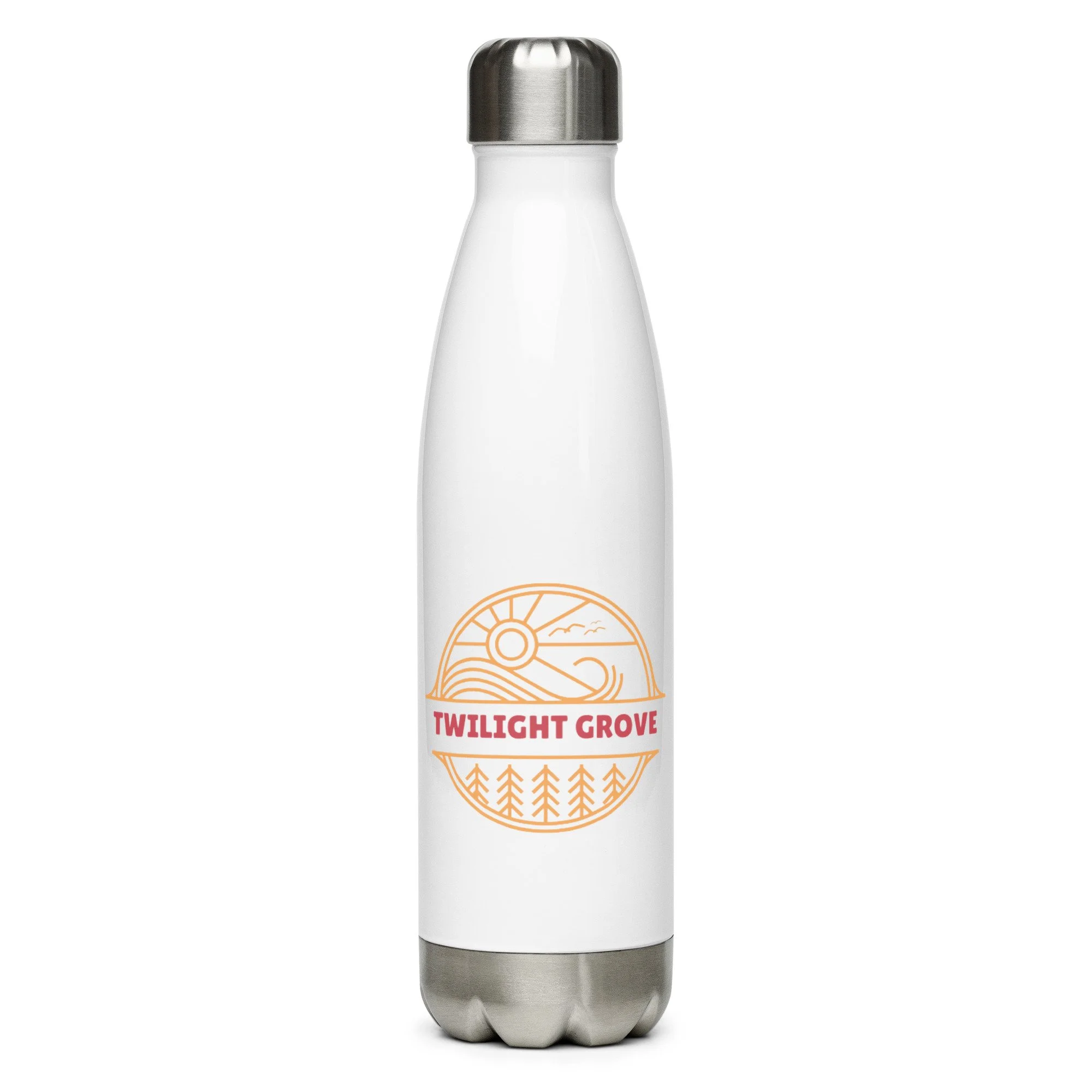 Twilight Grove Trail Bottle white stainless steel water bottle front view with logo