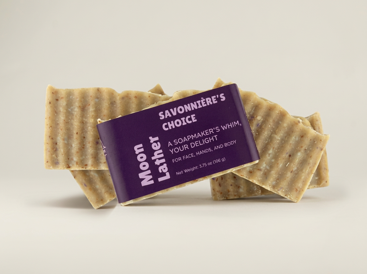 Stack of tan Moon Lather Eco-Bars with a purple Savonnière’s Choice label
