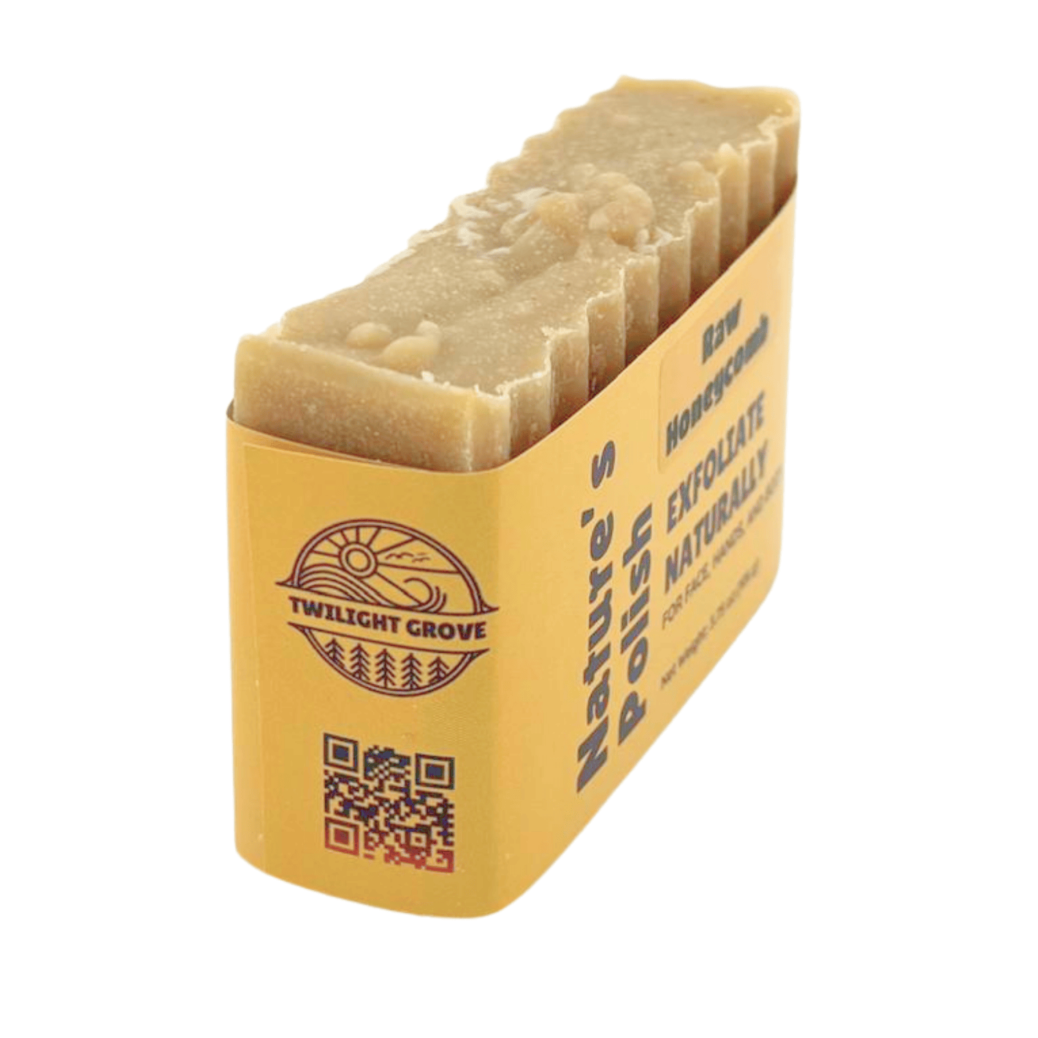 Raw HoneycoSide angle of Raw Honeycomb Nature's Polish exfoliating soap bar highlighting textured top and honey-inspired label.mb_Nature's Polish_Nature's Polish_Side Angle_Logo.png