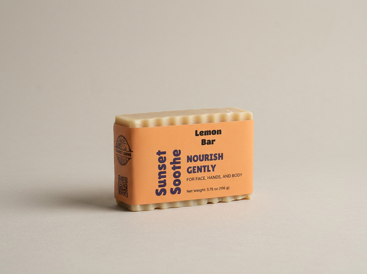 Tan Lemon Bar Sunset Soothe soap wrapped in an orange label