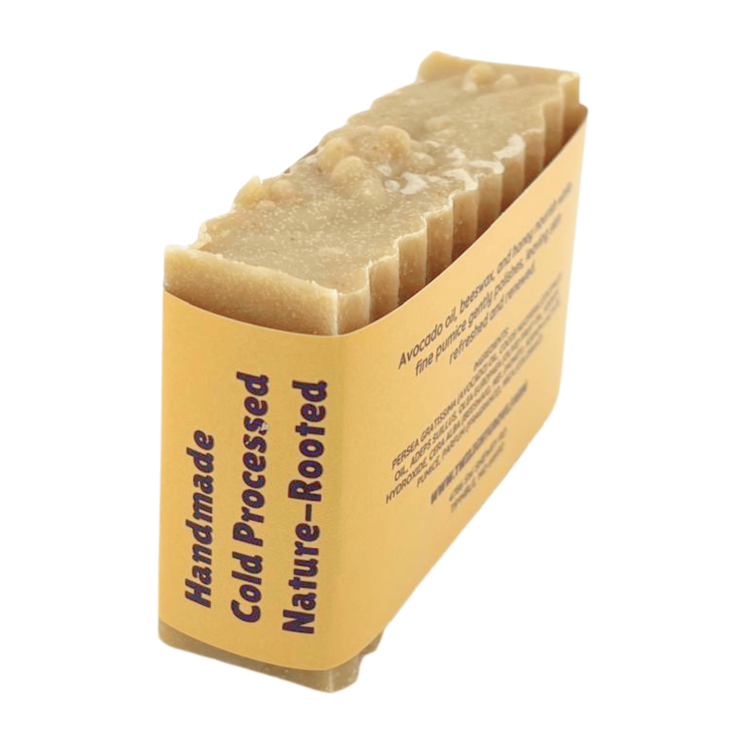 Back view of Raw Honeycomb Nature's Polish handmade soap showing ingredient label and natural honey soap bar texture.