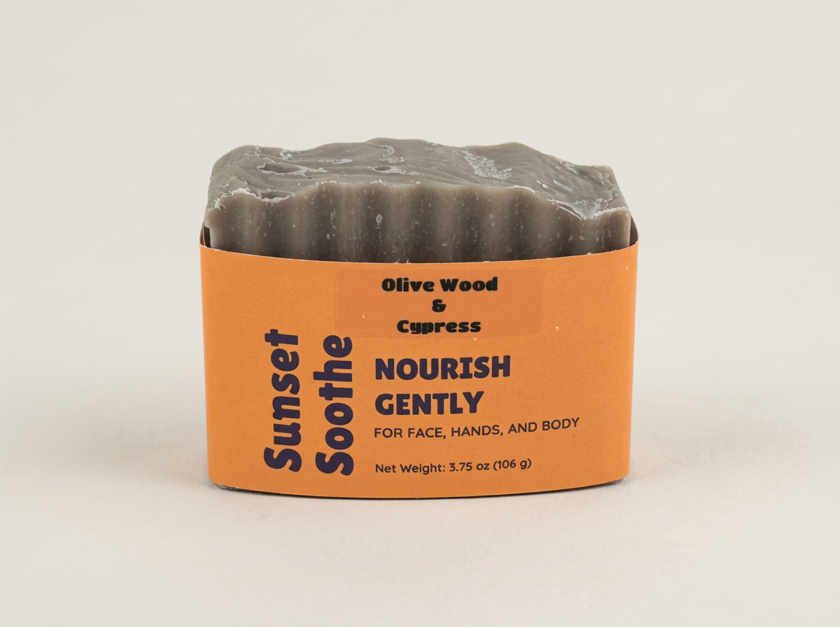 Gray Olive Wood and Cypress Sunset Soothe soap with a textured top