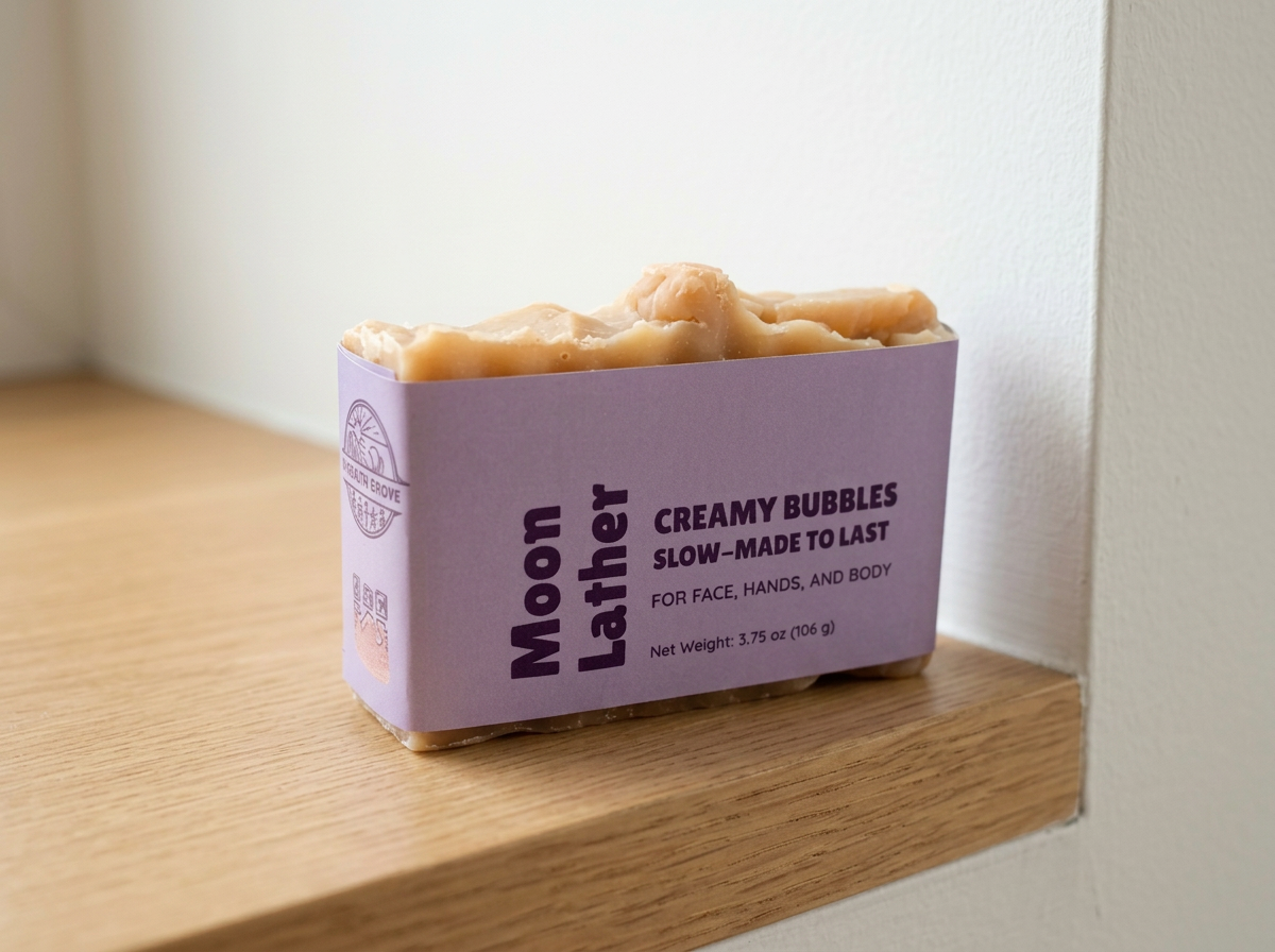 Golden tan Moon Lather soap displayed on the edge of a wooden shelf