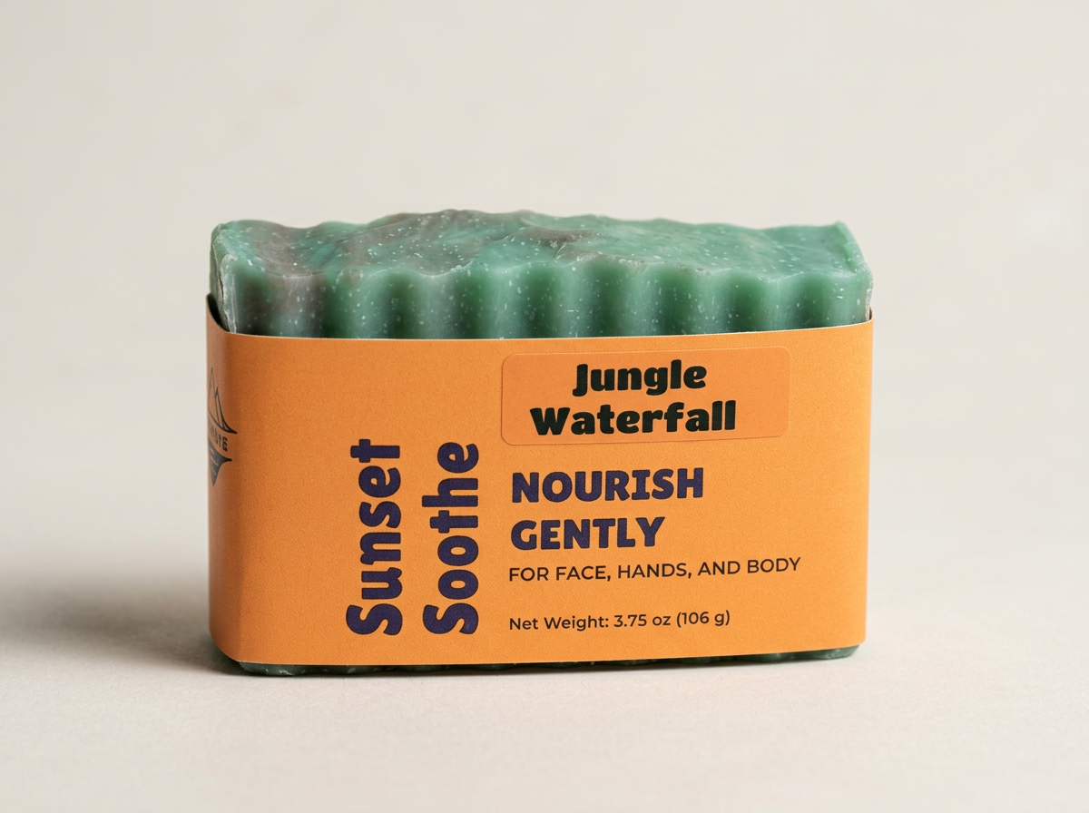 Green Jungle Waterfall Sunset Soothe soap in an orange label