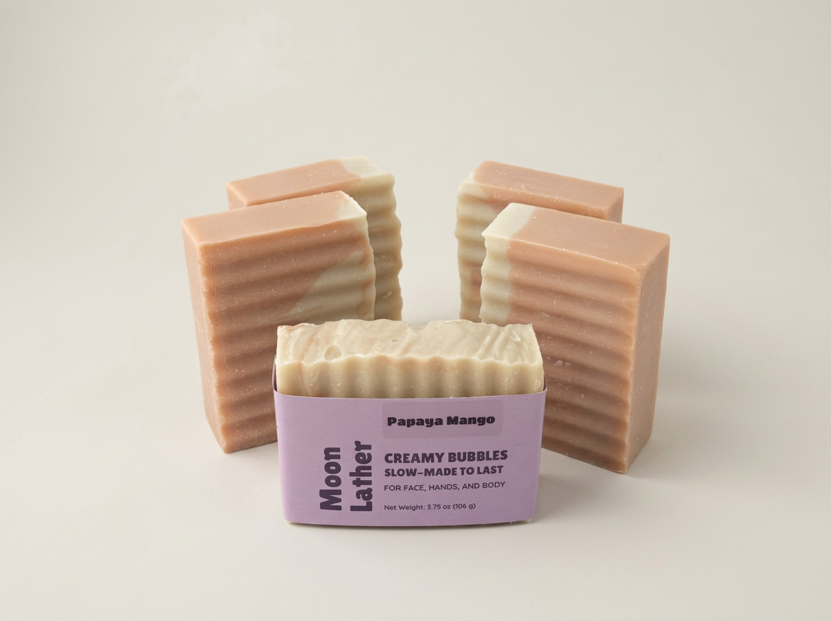 Pink Papaya Mango Moon Lather soaps arranged around one labeled bar