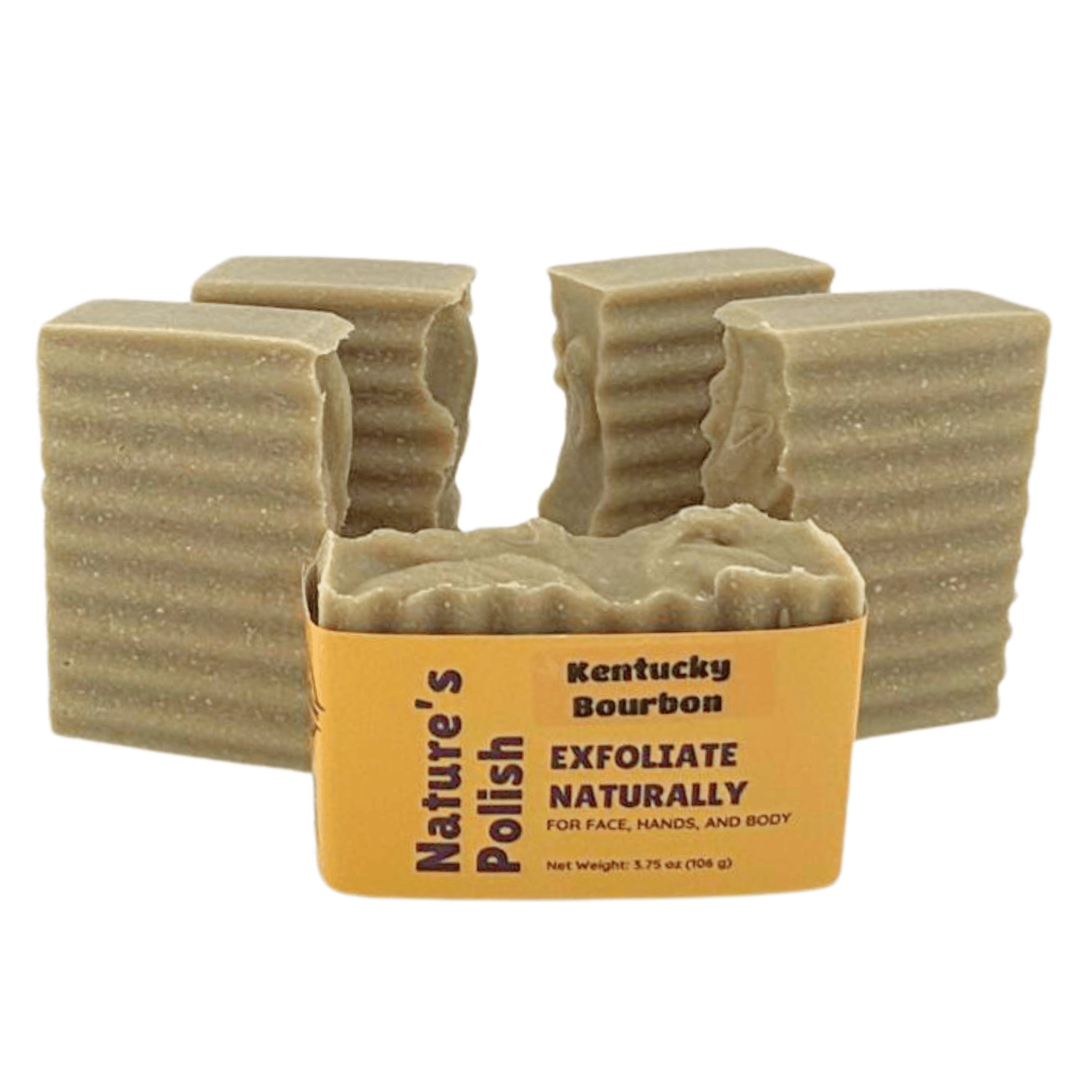 Group of Kentucky Bourbon Nature's Polish exfoliating soap bars arranged together showing handmade ridges and natural soap texture.