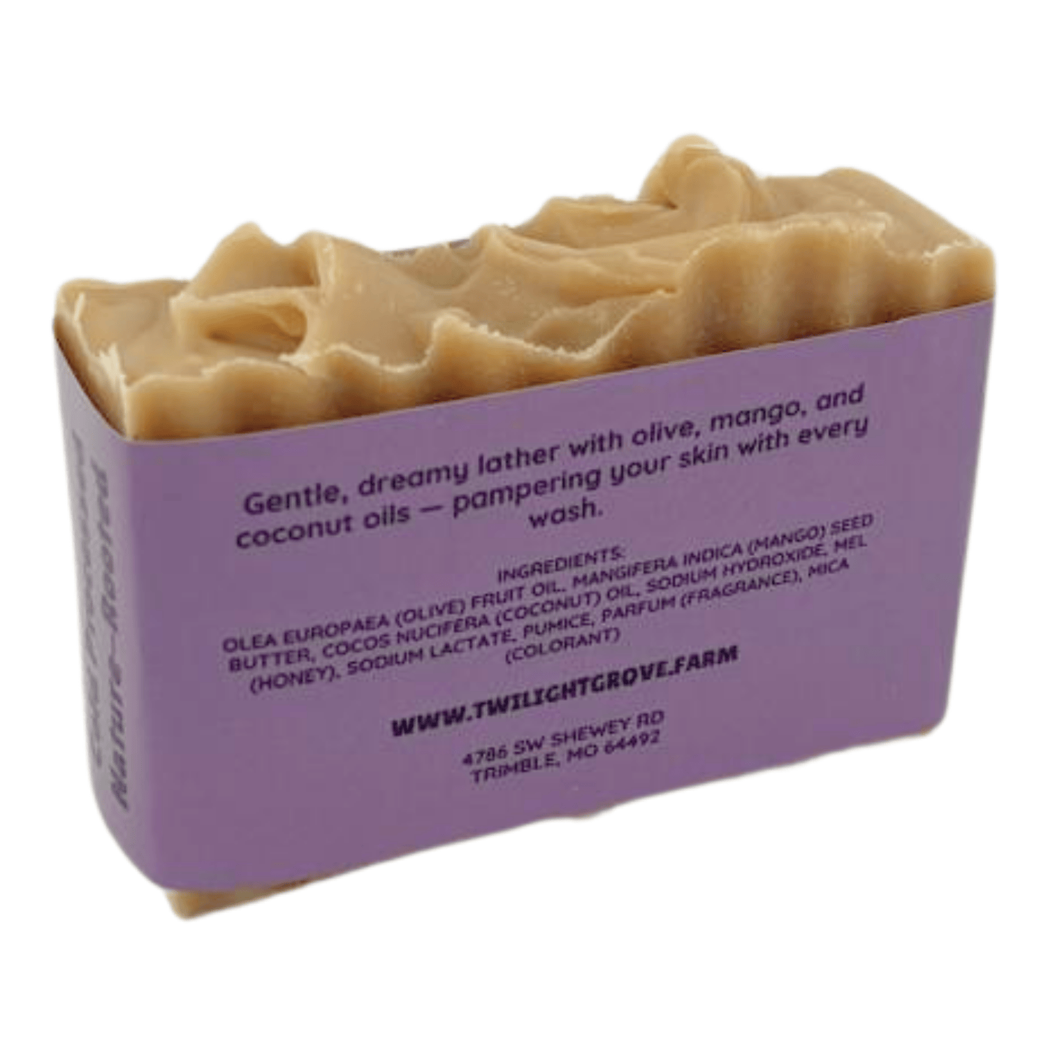 Back of Moon Lather Soap showing Twilight Grove label with product ingredients.