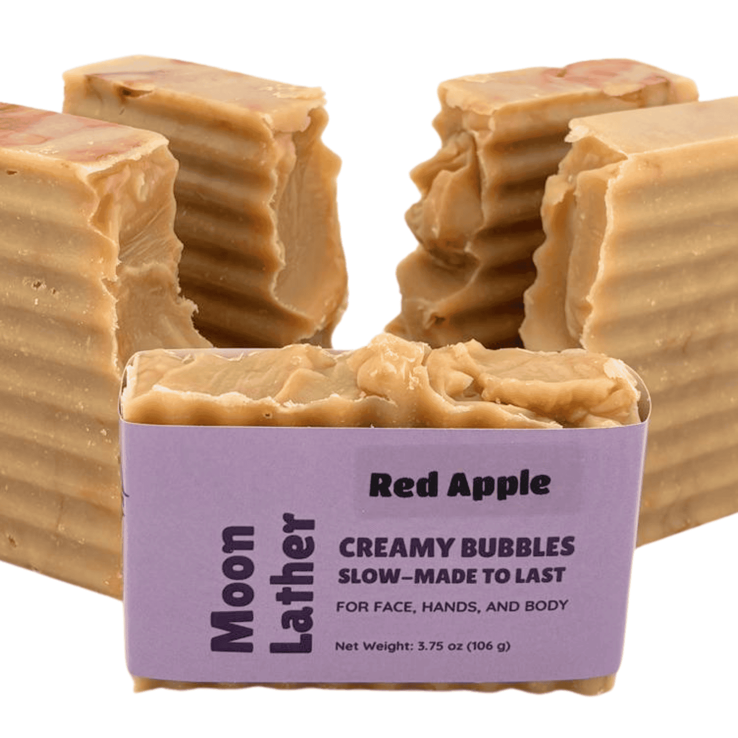 Red Apple - bright, juicy, lightly sweet - ridged bars, creamy beige with red swirls - bars standing on end with 1 packaged in front