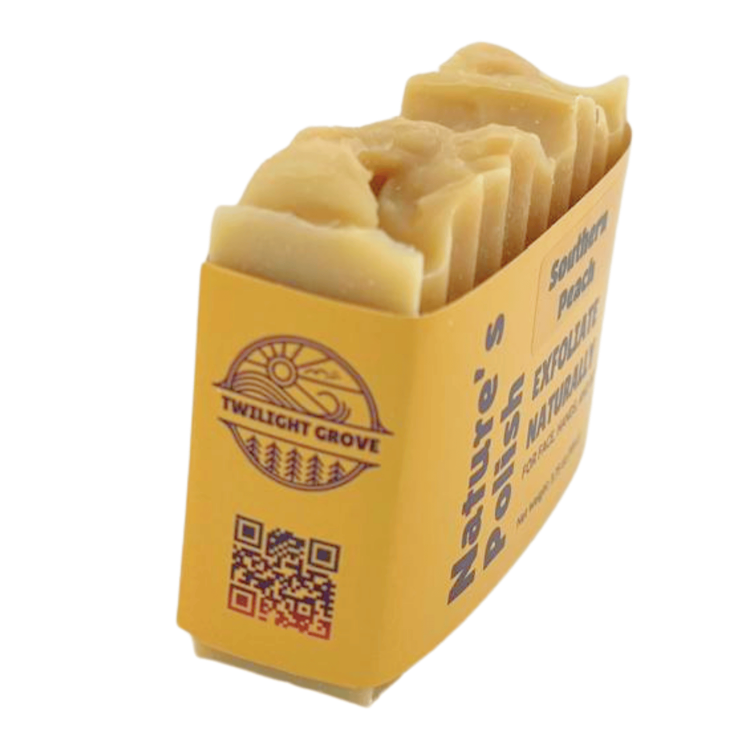 Side view of Southern Peach Nature's Polish handmade soap bar highlighting textured top and peach scented exfoliating soap.