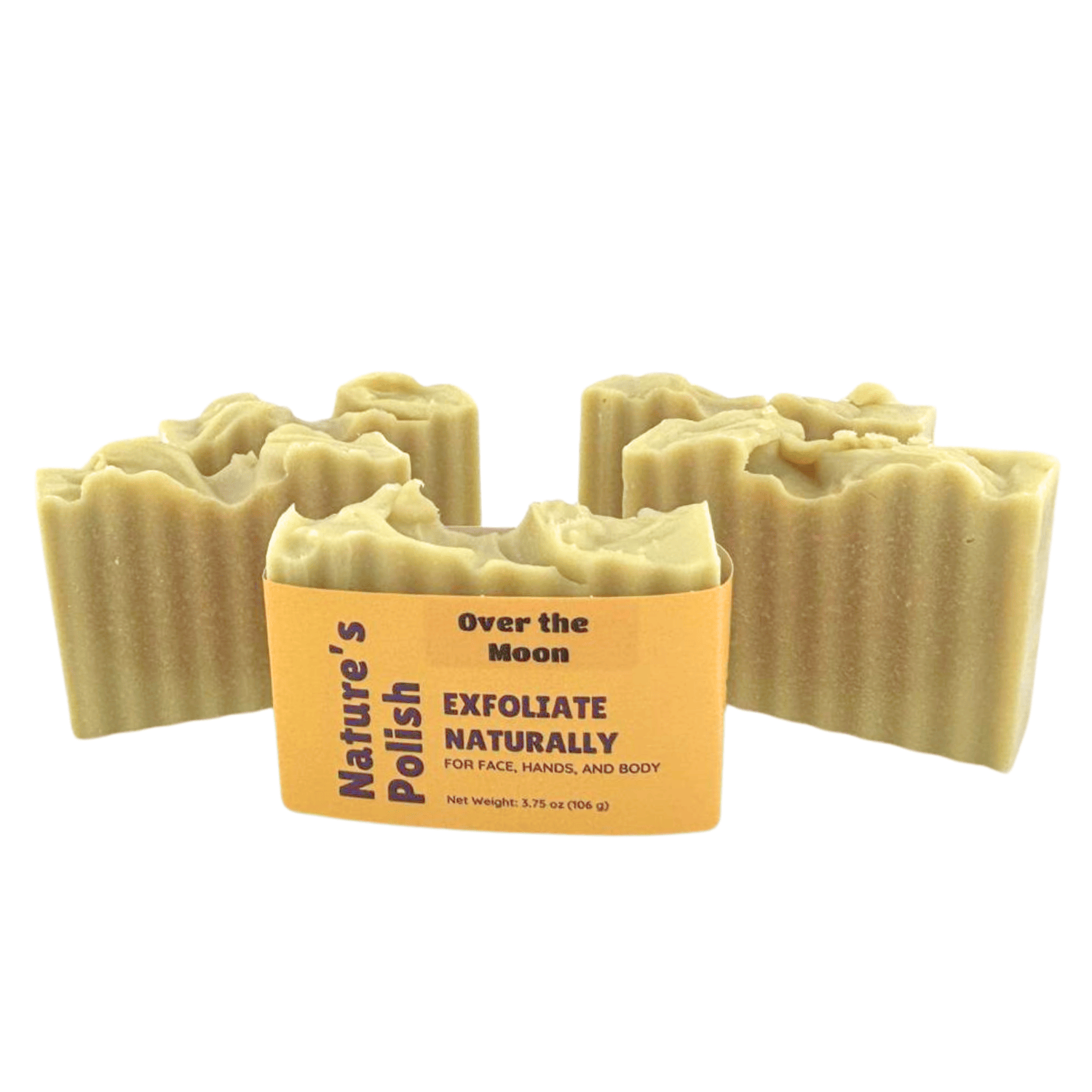 Multiple Over the Moon Nature's Polish handmade soap bars displayed together highlighting natural ridges and exfoliating texture.