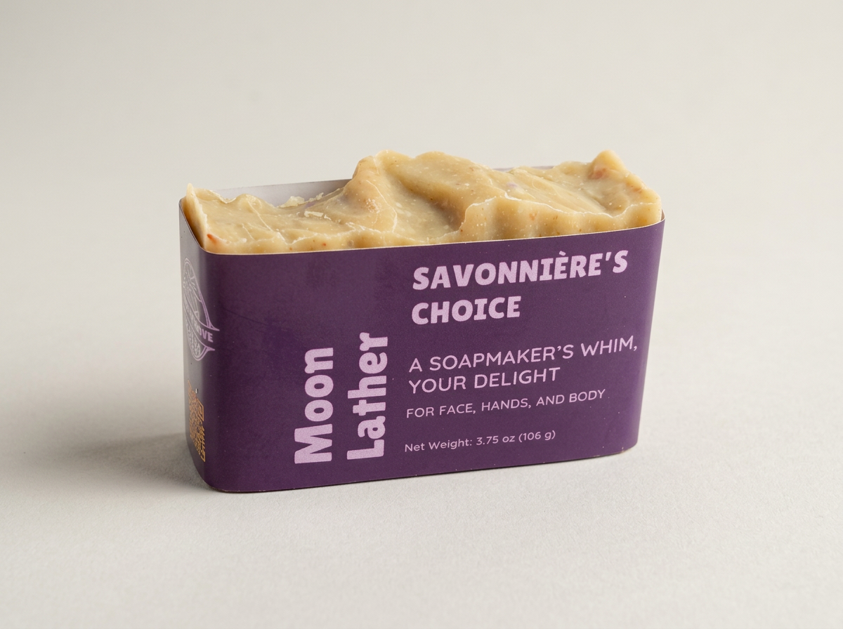 Single tan Moon Lather Eco-Bar wrapped with a purple Savonnière’s Choice label