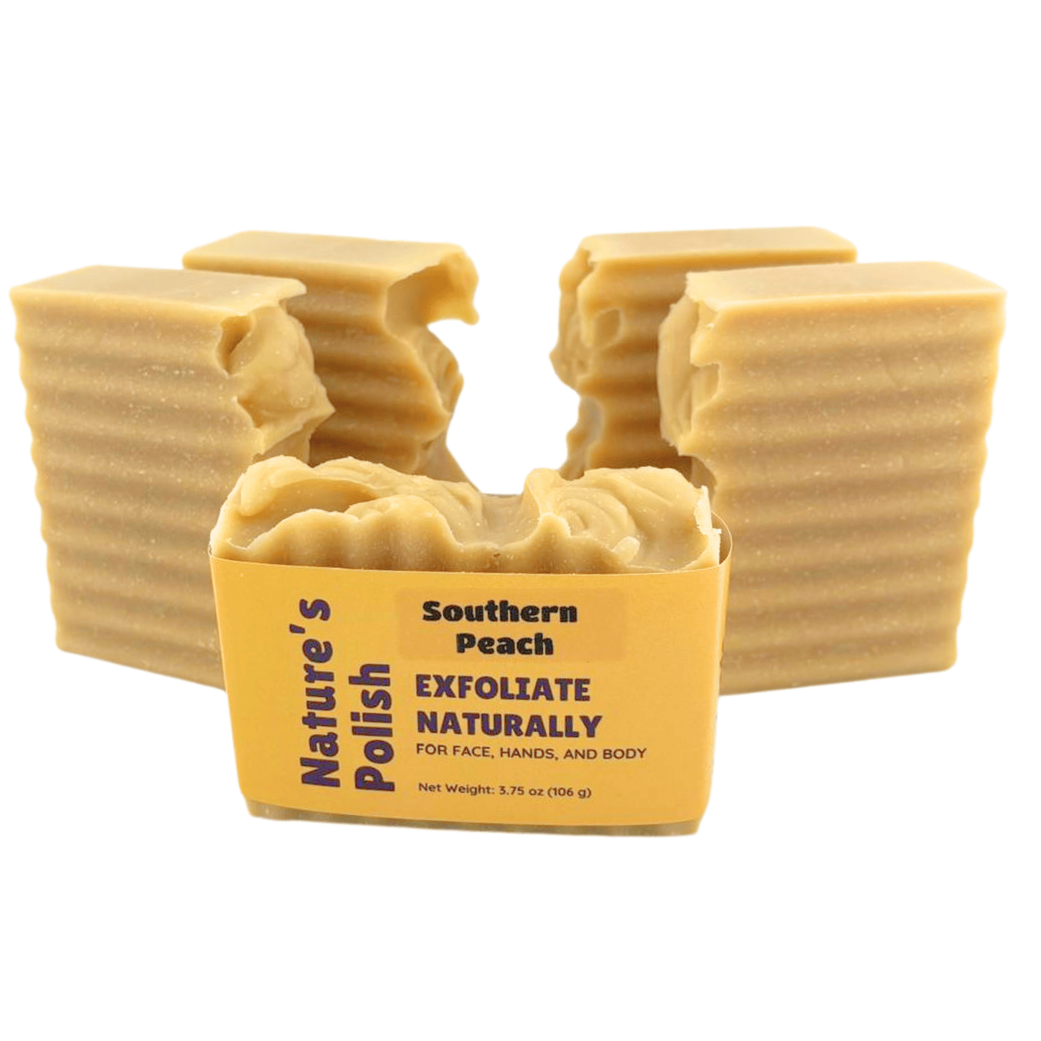 Multiple Southern Peach Nature's Polish handmade soap bars displayed together highlighting textured sides and natural soap design.