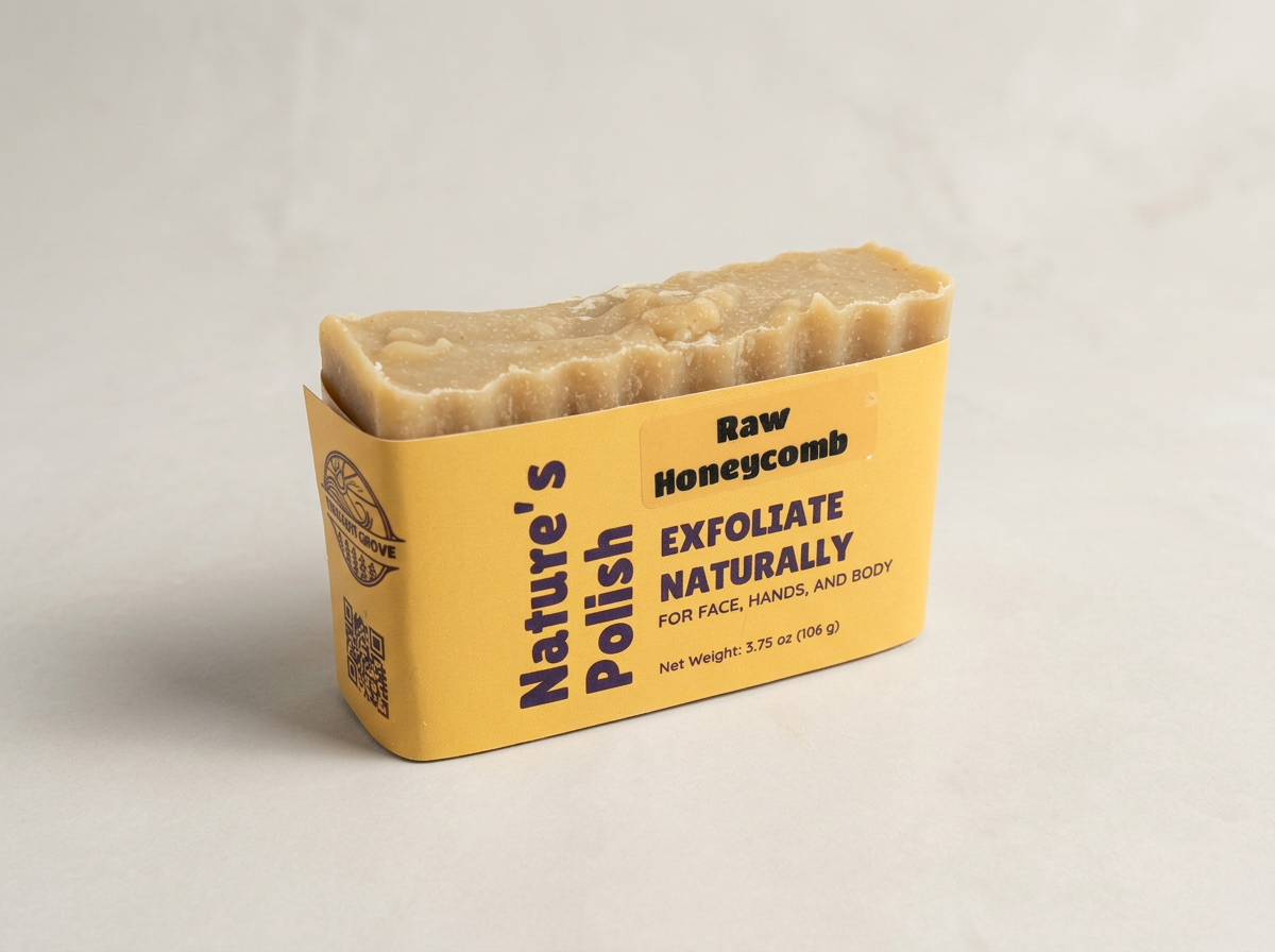 Tan Raw Honeycomb Nature’s Polish soap wrapped in a golden label