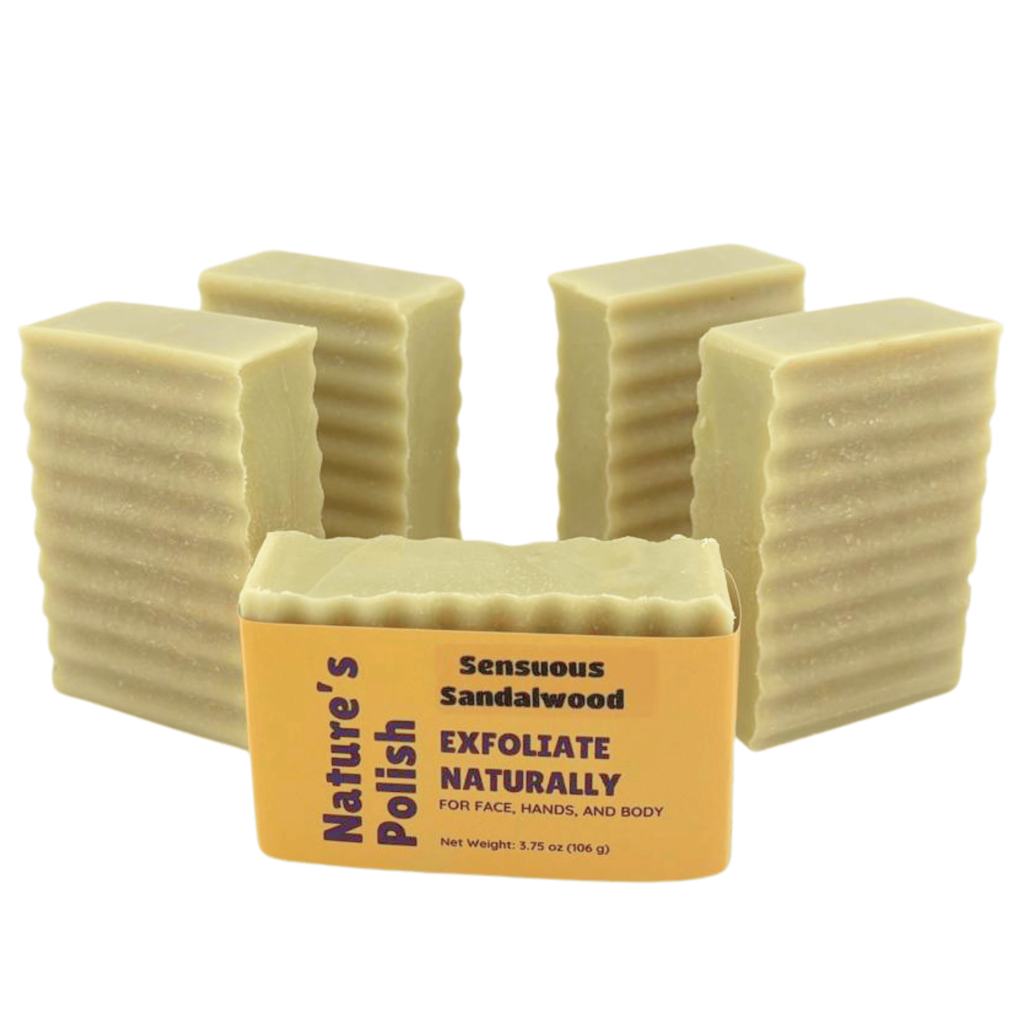 Group of Sensuous Sandalwood Nature's Polish exfoliating soap bars arranged together showing textured handmade soap design.