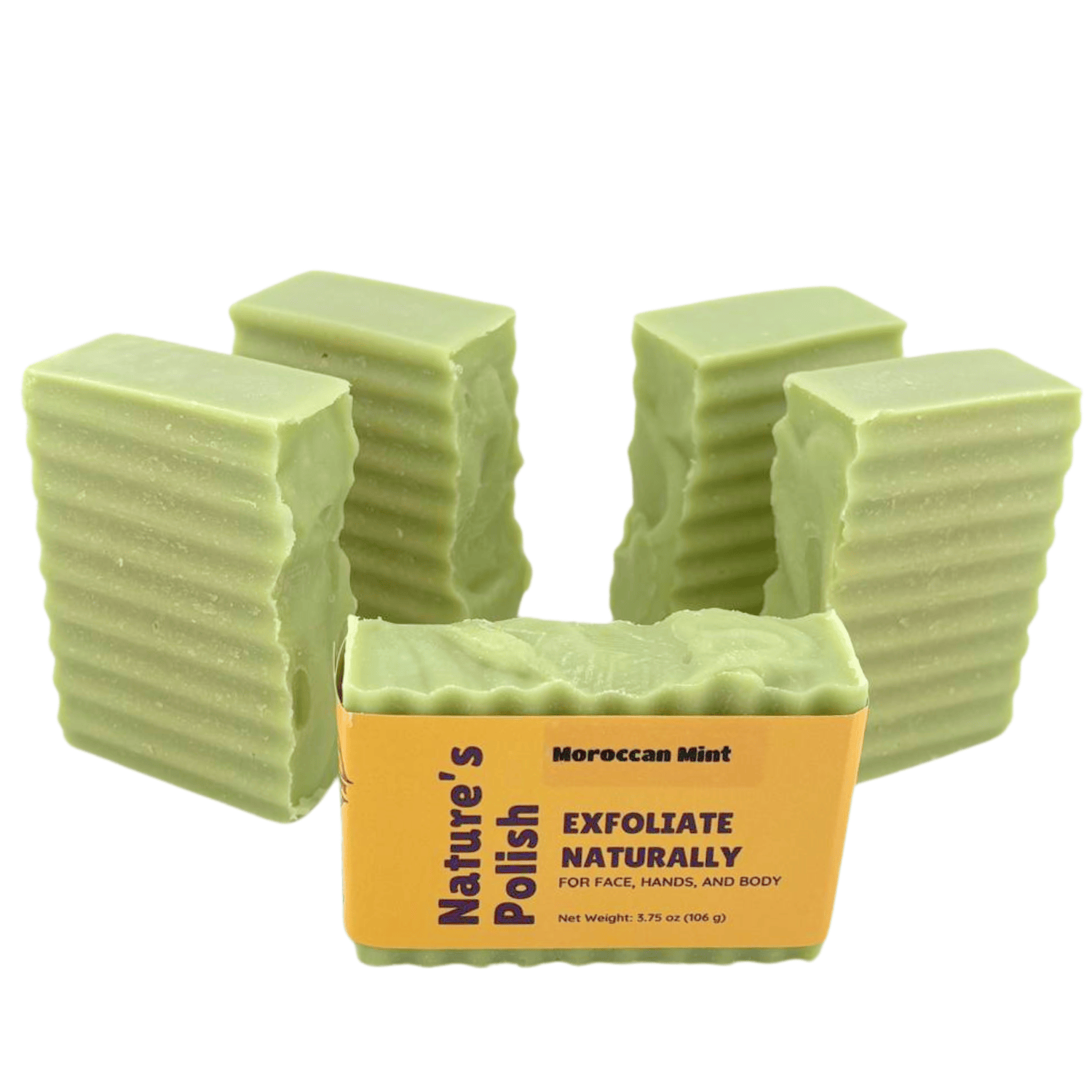 Nature's Polish Moroccan Mint - This farm-inspired bar combines natural pumice for gentle exfoliation with avocado oil, beeswax, and honey to nourish and soften skin_bars standing on side