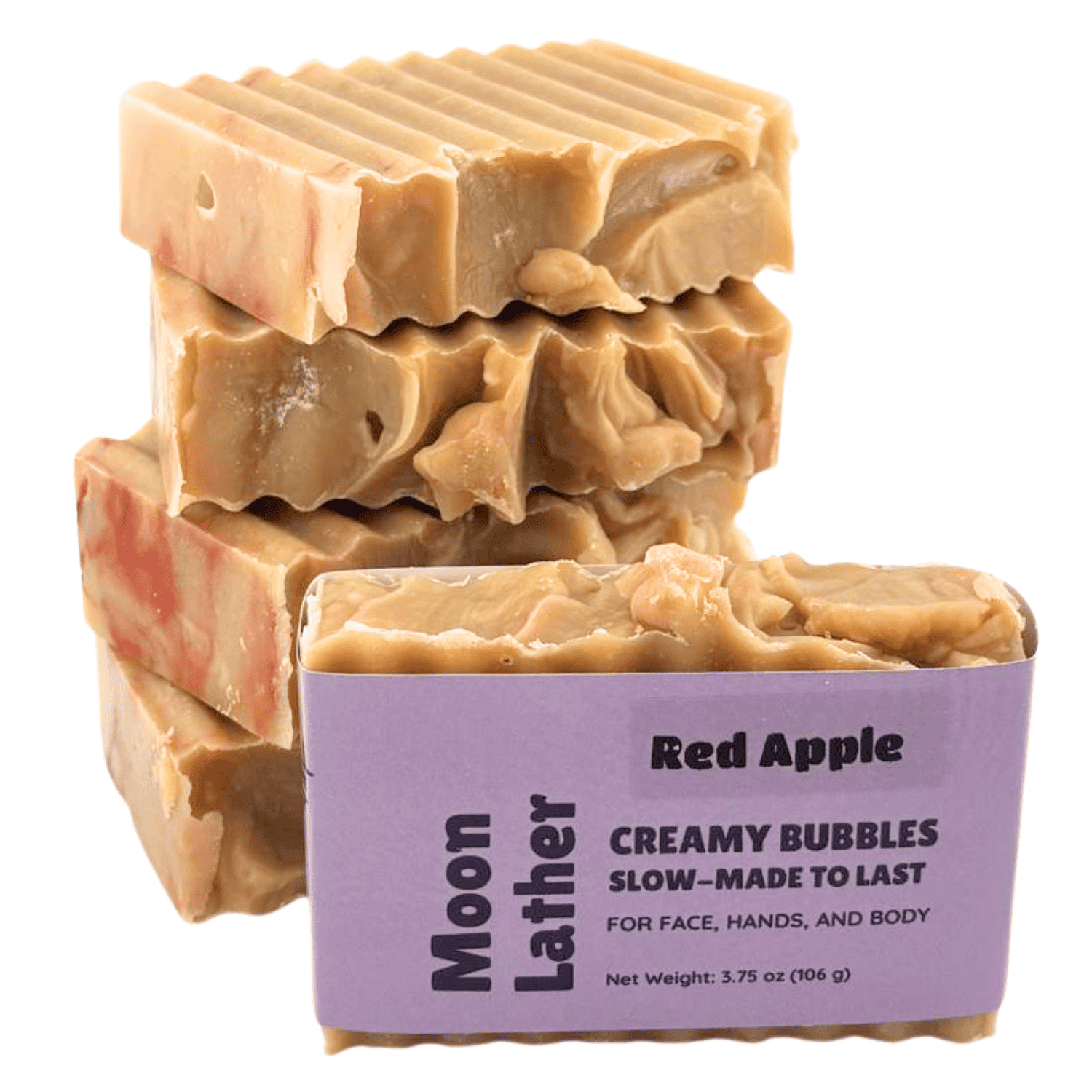 Red Apple - bright, juicy, lightly sweet - ridged bars, creamy beige with red swirls - stacked bars showing textured tops, 1 packaged bar in front