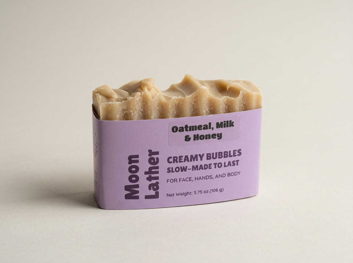 Oatmeal, Milk and Honey Moon Lather soap wrapped in a lavender label