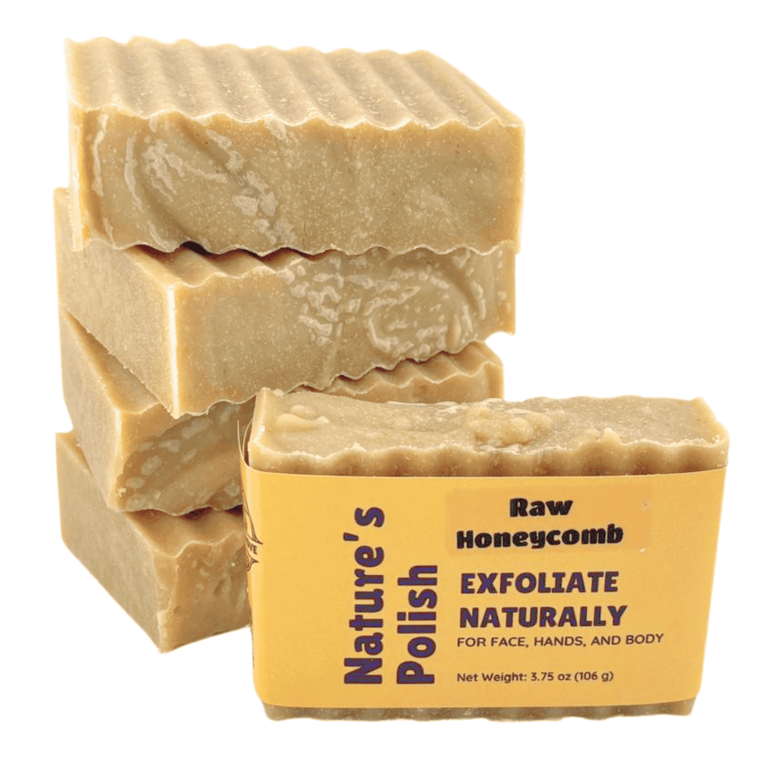 Stack of Raw Honeycomb Nature's Polish exfoliating soap bars highlighting handmade texture and creamy honey color.
