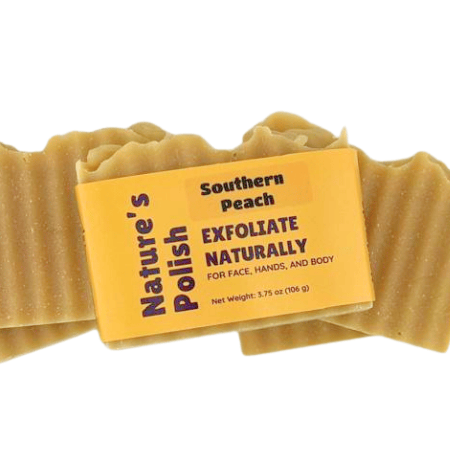 Wrapped Southern Peach Nature's Polish exfoliating soap bar displaying label and peach inspired handmade soap.