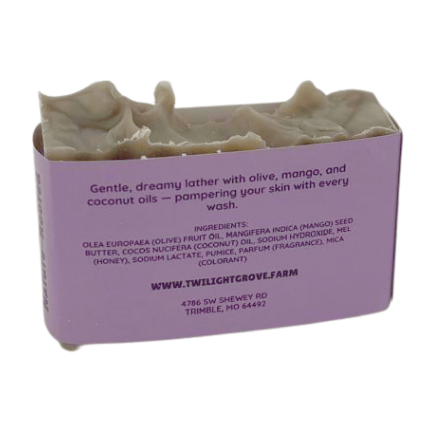 Back of Moon Lather Soap showing Twilight Grove label with product ingredients.