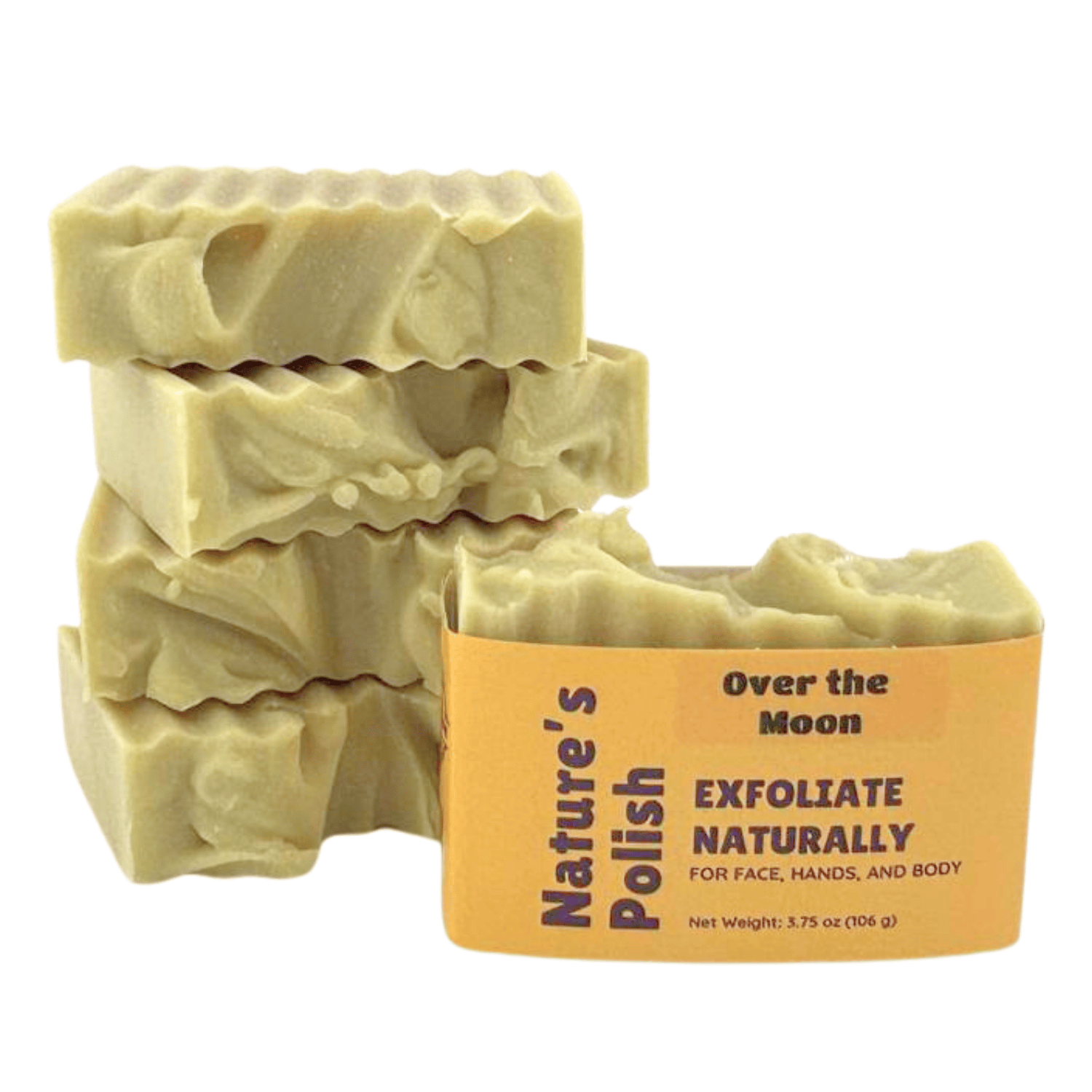 Stack of Over the Moon Nature's Polish exfoliating soap bars showing layered handmade soap texture.