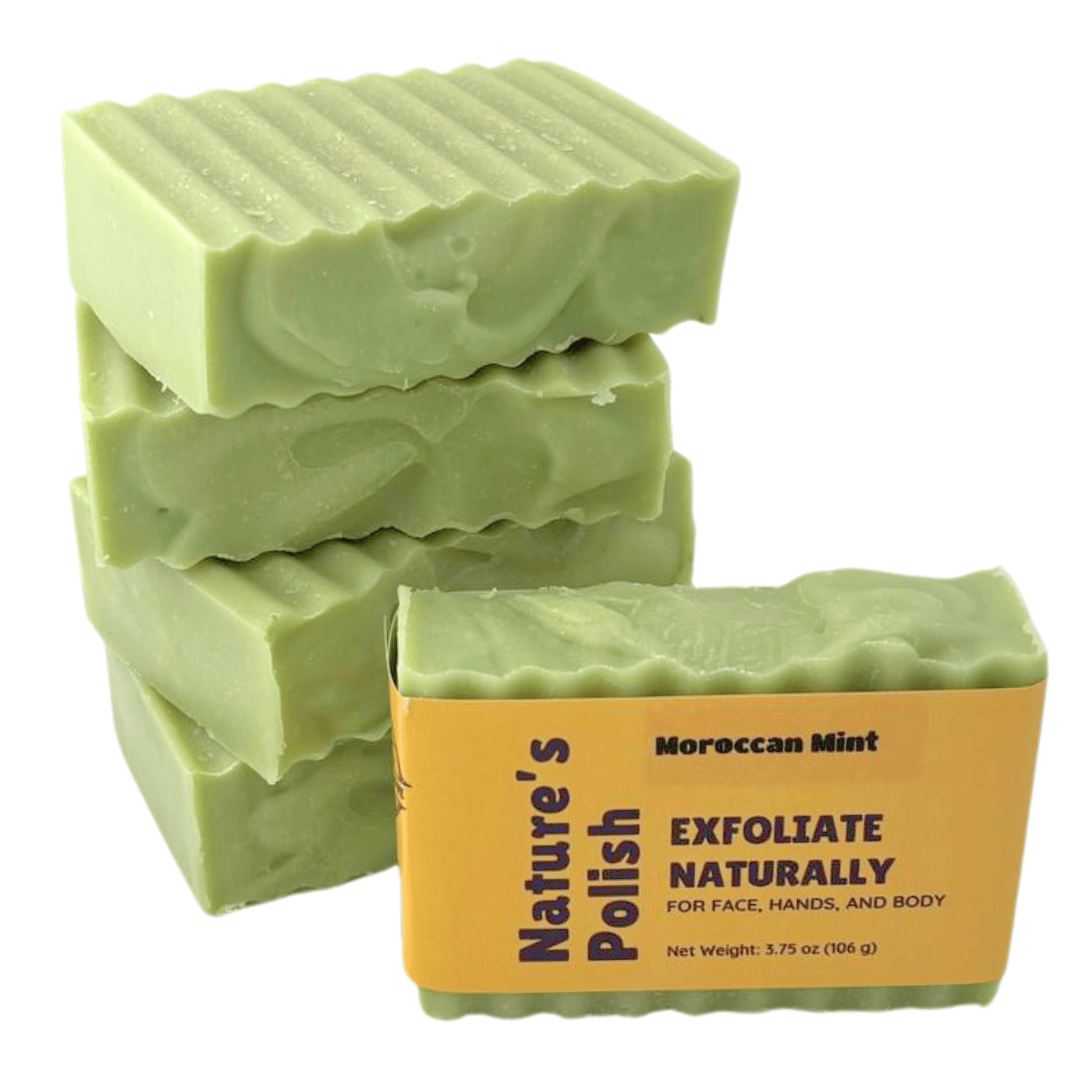 Nature's Polish Moroccan Mint - This farm-inspired bar combines natural pumice for gentle exfoliation with avocado oil, beeswax, and honey to nourish and soften skin_stacked bars
