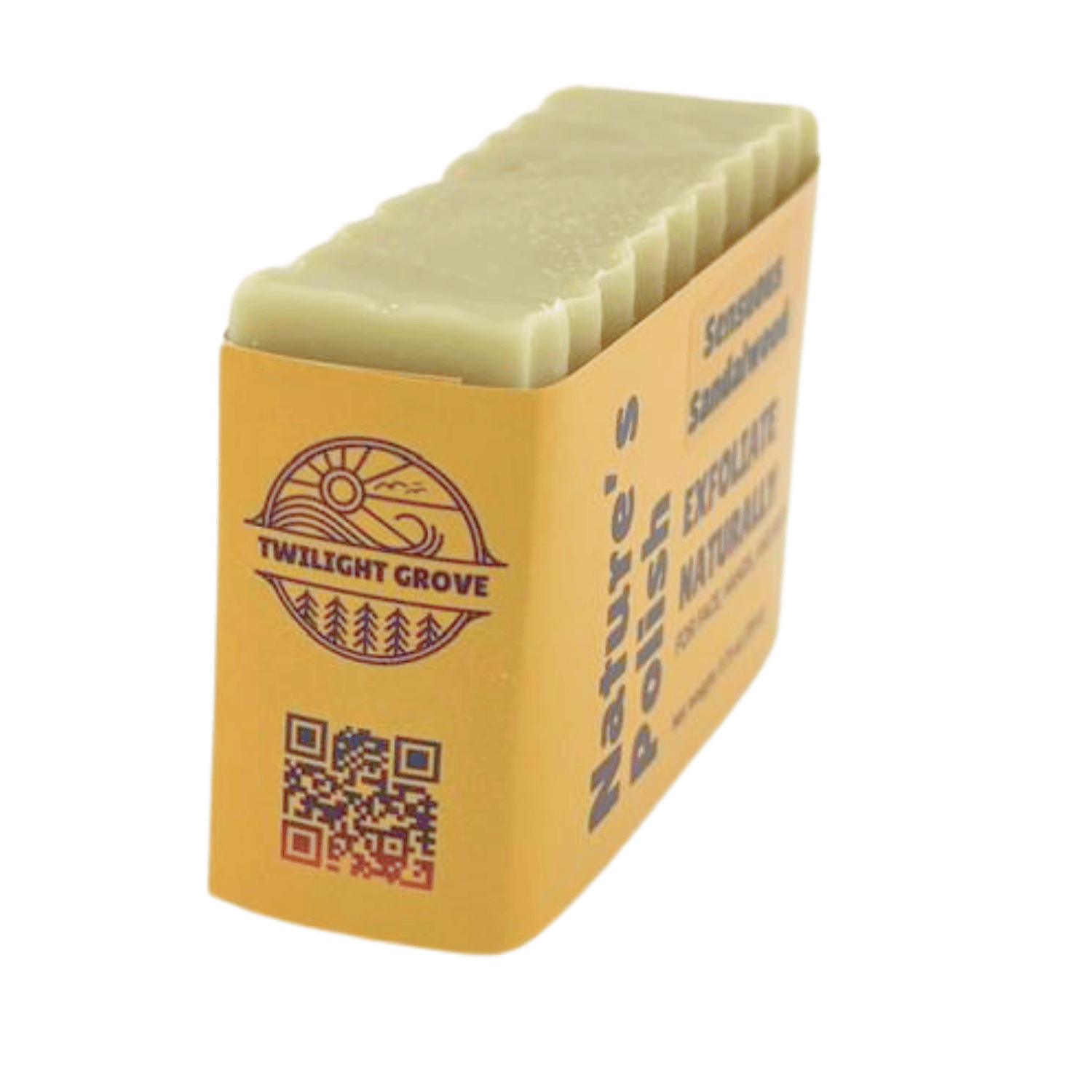 Side label view of Sensuous Sandalwood Nature's Polish handmade soap bar highlighting warm sandalwood scented exfoliating soap.