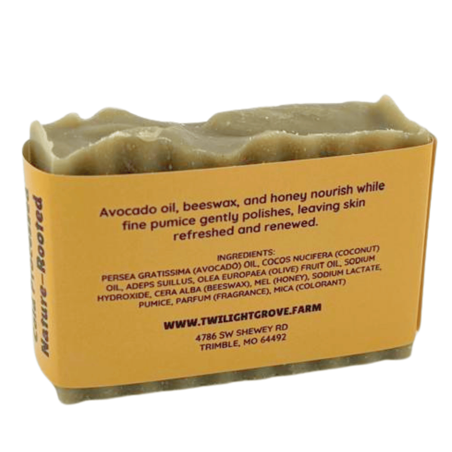 Back view of Kentucky Bourbon Nature's Polish handmade soap showing ingredient label and natural exfoliating soap bar.