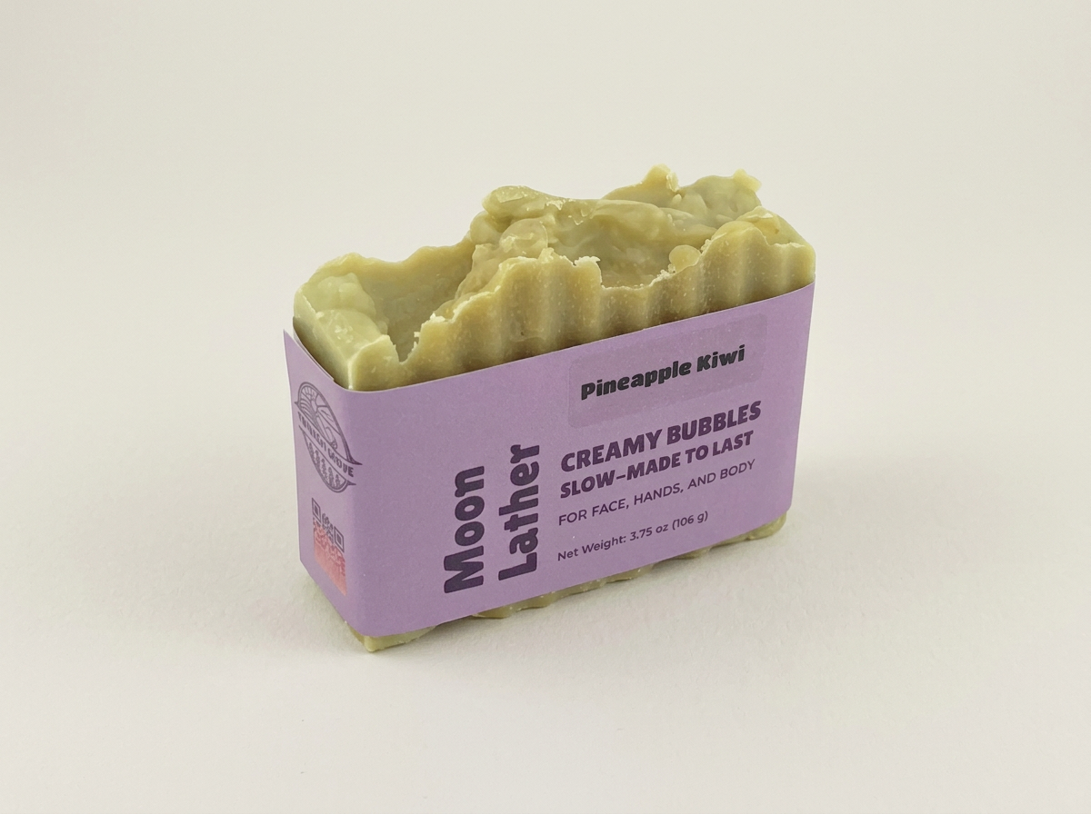 Yellow-green Moon Lather soap wrapped in a lavender label